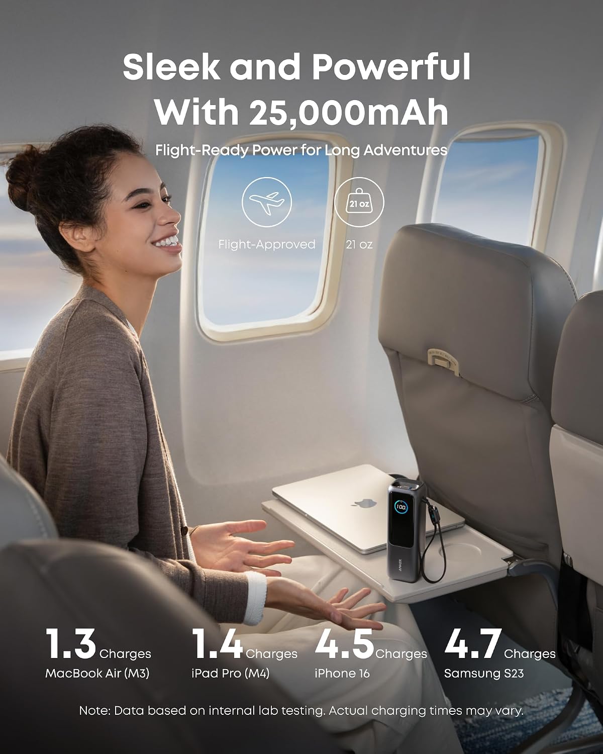 Anker Laptop Power Bank,25,000mAh Portable Charger with 165W Total Output,3 USB-C Ports (100W Max Each),Built-in Retractable Cables,Flight-Ready,for iPhone 17/16 Series,MacBook,Samsung,and More