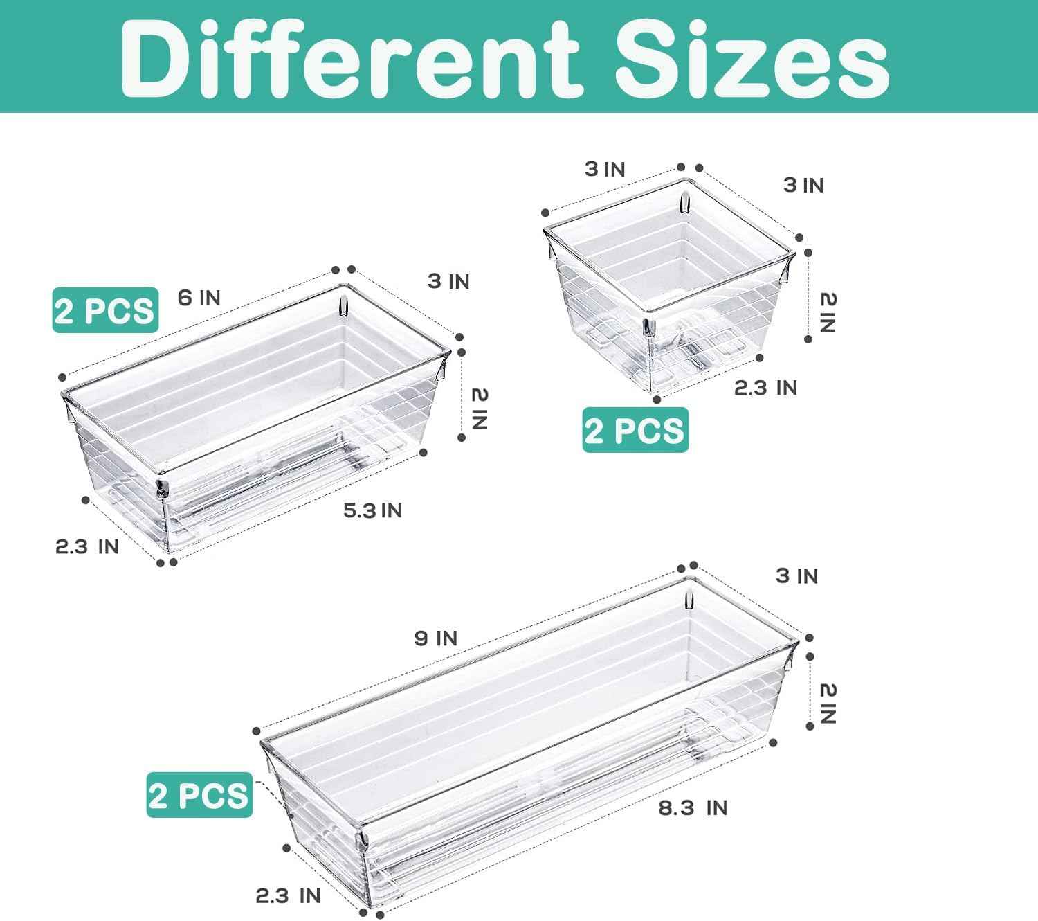 DCA 6 Pack Clear Drawer Organizer, Acrylic Drawer Storage Trays, Storage Bins for Makeup, Cosmetics, Jewelries, Utensils, Gadgets, Office