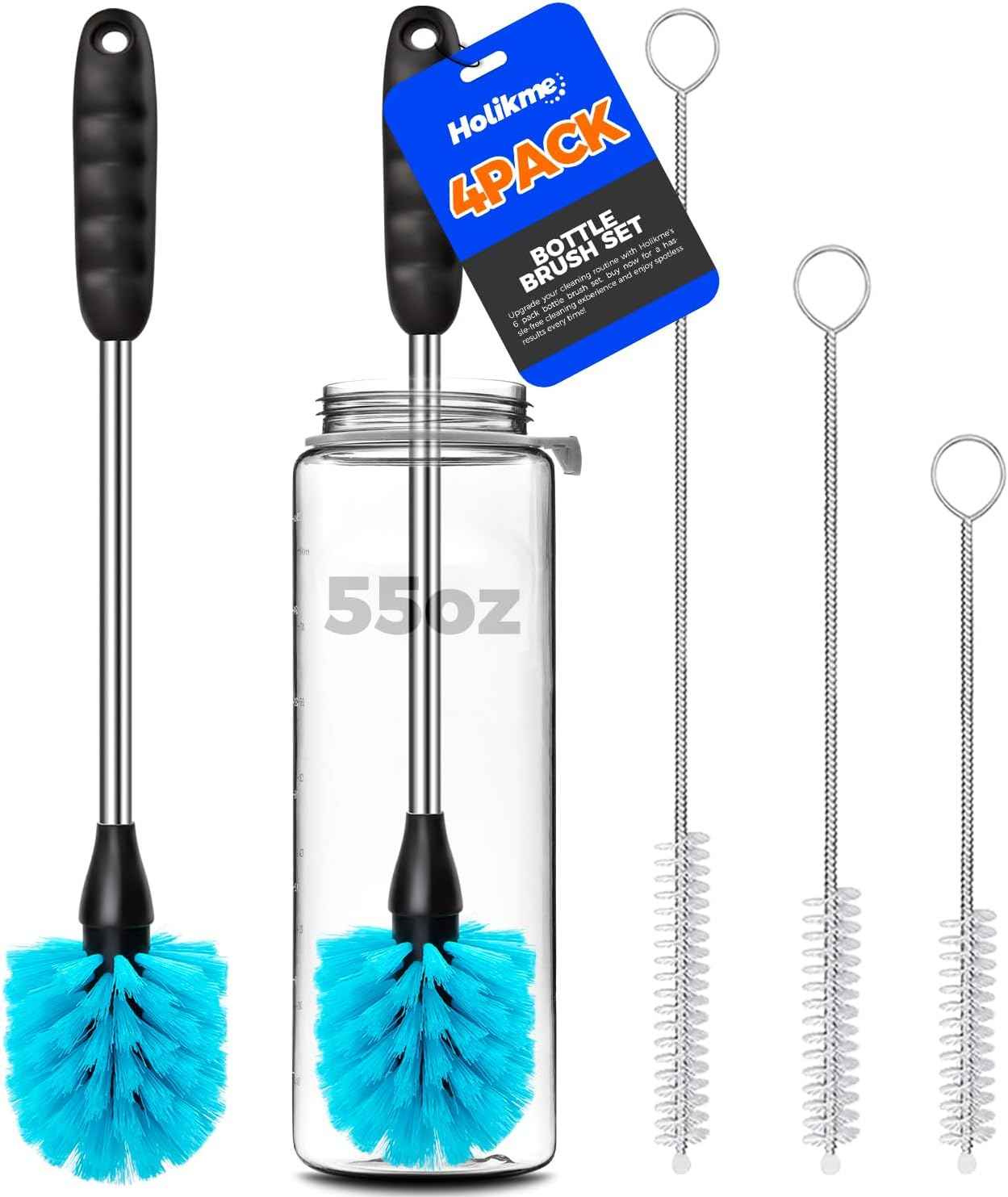 Holikme Bottle Brush Cleaner Set, 14" Long Handle Stainless Steel Bottle Cleaner Brush, 3 Straw Cleaner Brush, Bottle Cleaning Brush for Water Bottle, Cups, Abrasive Wheel Brushes, Straws Black