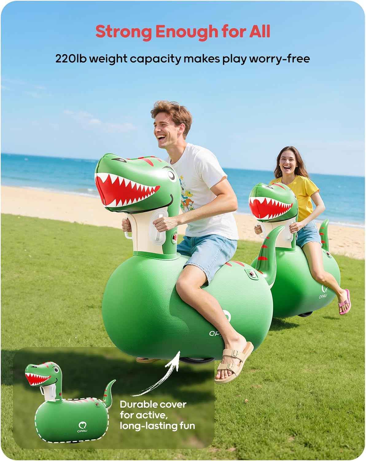 QPAU Inflatable Bouncy Dinosaur Toys 2 PCS with Hand Pump, Heavy Duty Giant Bouncy Pal, 220lbs Load Capacity, Ride On Bouncy Animal Hopper Toy, Indoor Outdoor Bouncers for Kids Girls Boys Ages 5+