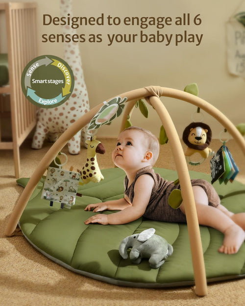 Blissful Diary Baby Play Gym & Activity Mat, Oversize Leaf Shaped Baby Play Mat w 6 Detachable Toys, Tummy Time Mat Promote Motor Skills & Sensory Development Mat, Newborn Infant Baby Essentials Gift