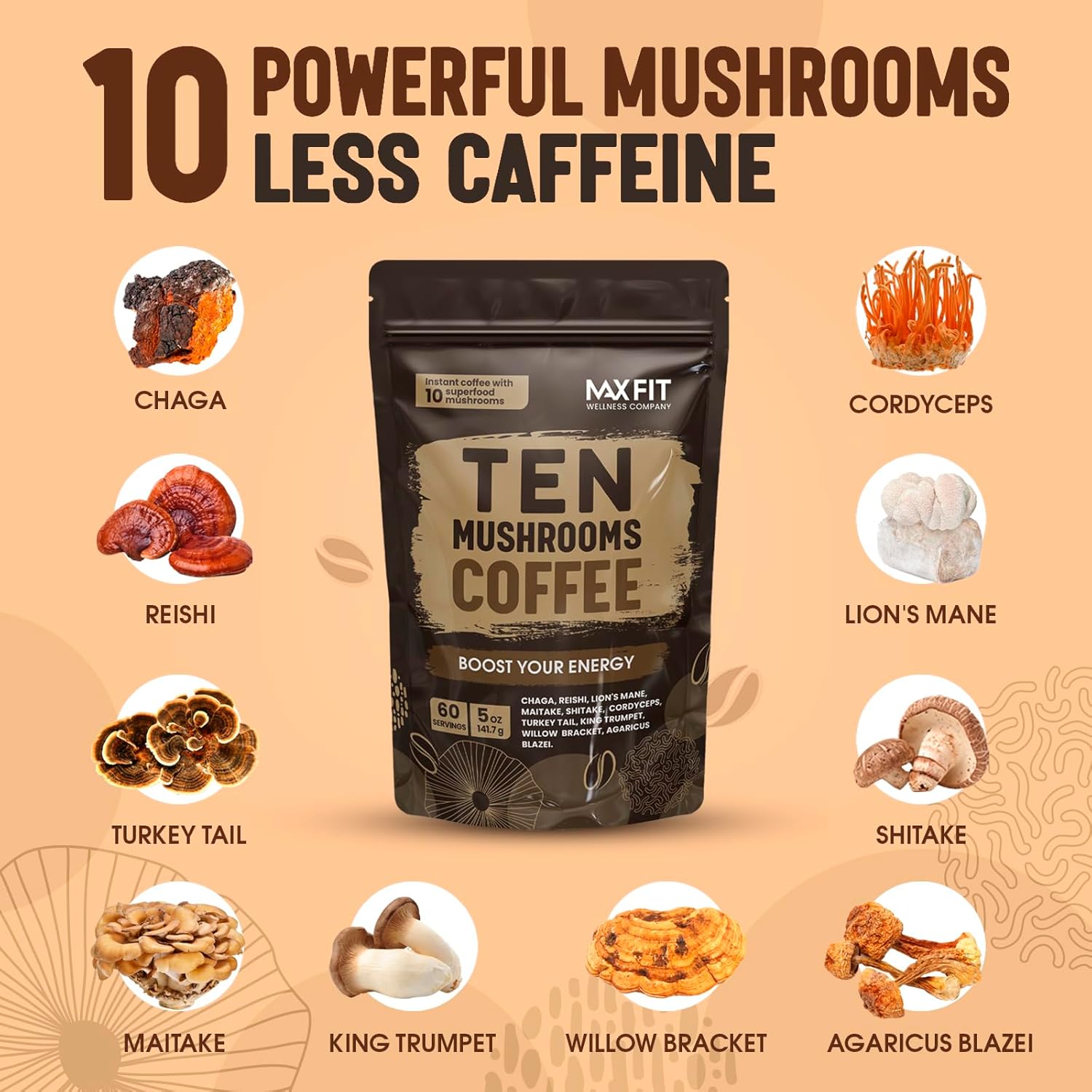 lion's mane gourmet arabica 10 mushroom coffee 60 servings