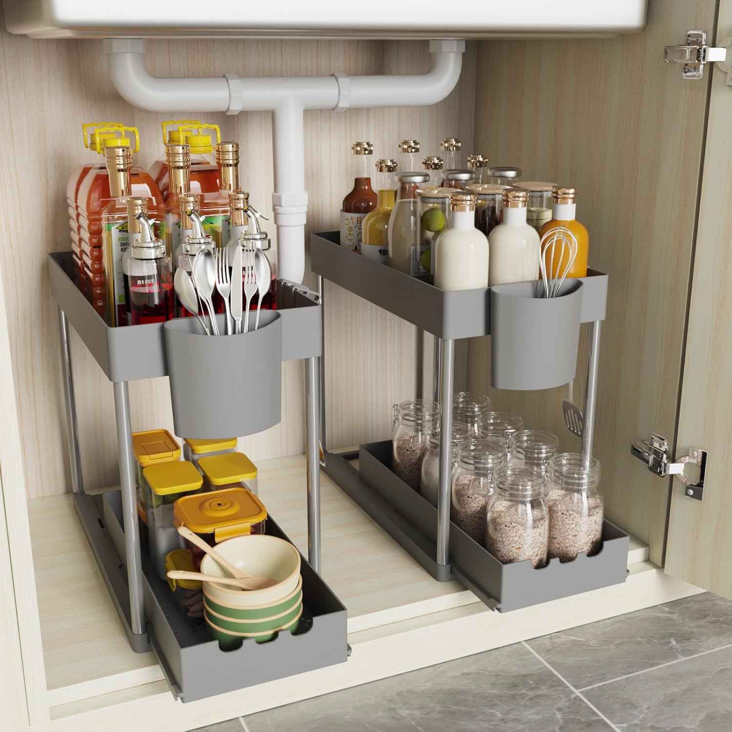 3 Pack Under Sink Organizers and Storage, 2 Tier Bathroom Cabinet Organizer Shelf with Hanging Cups for Kitchen & Bathroom (White)