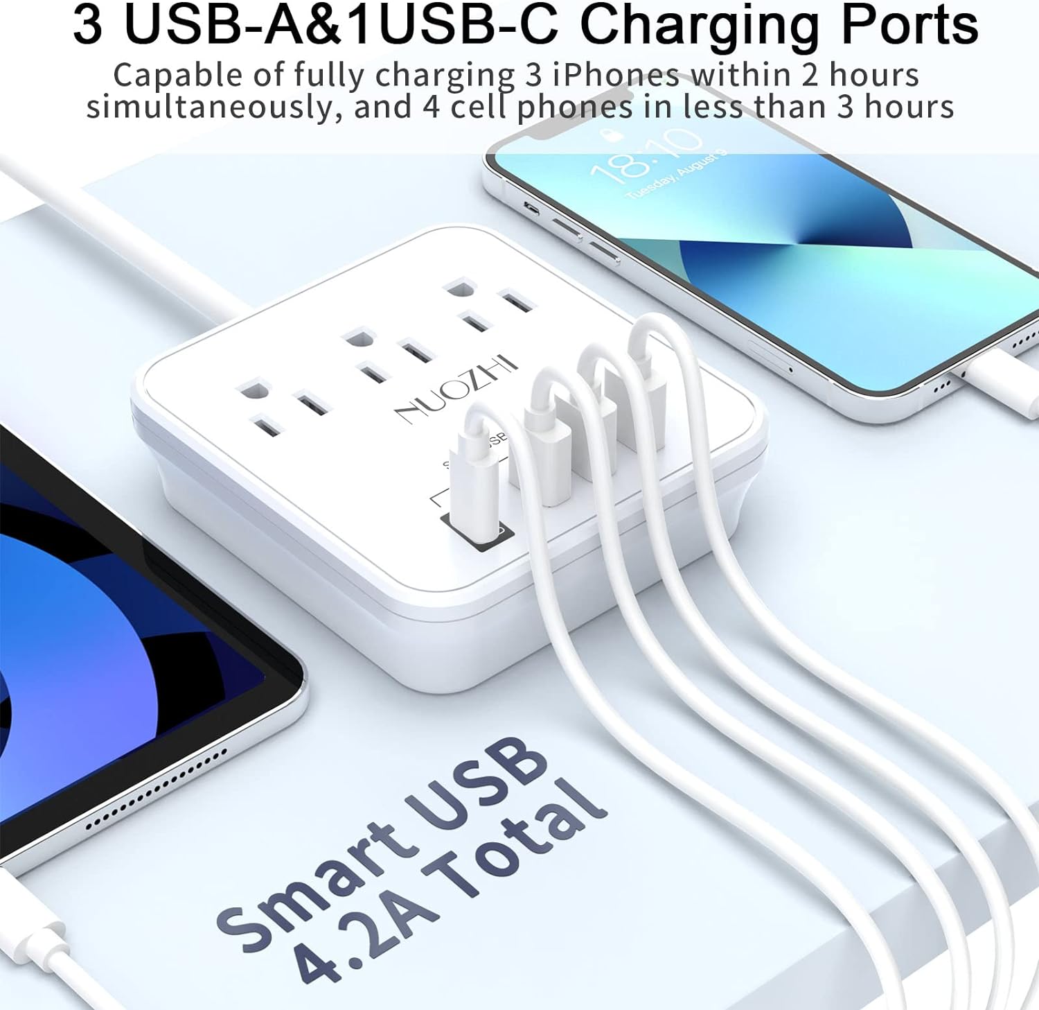 NUOZHI 6ft power strip with 3 outlets and 4 USB ports, non surge protector for cruise ships and travel