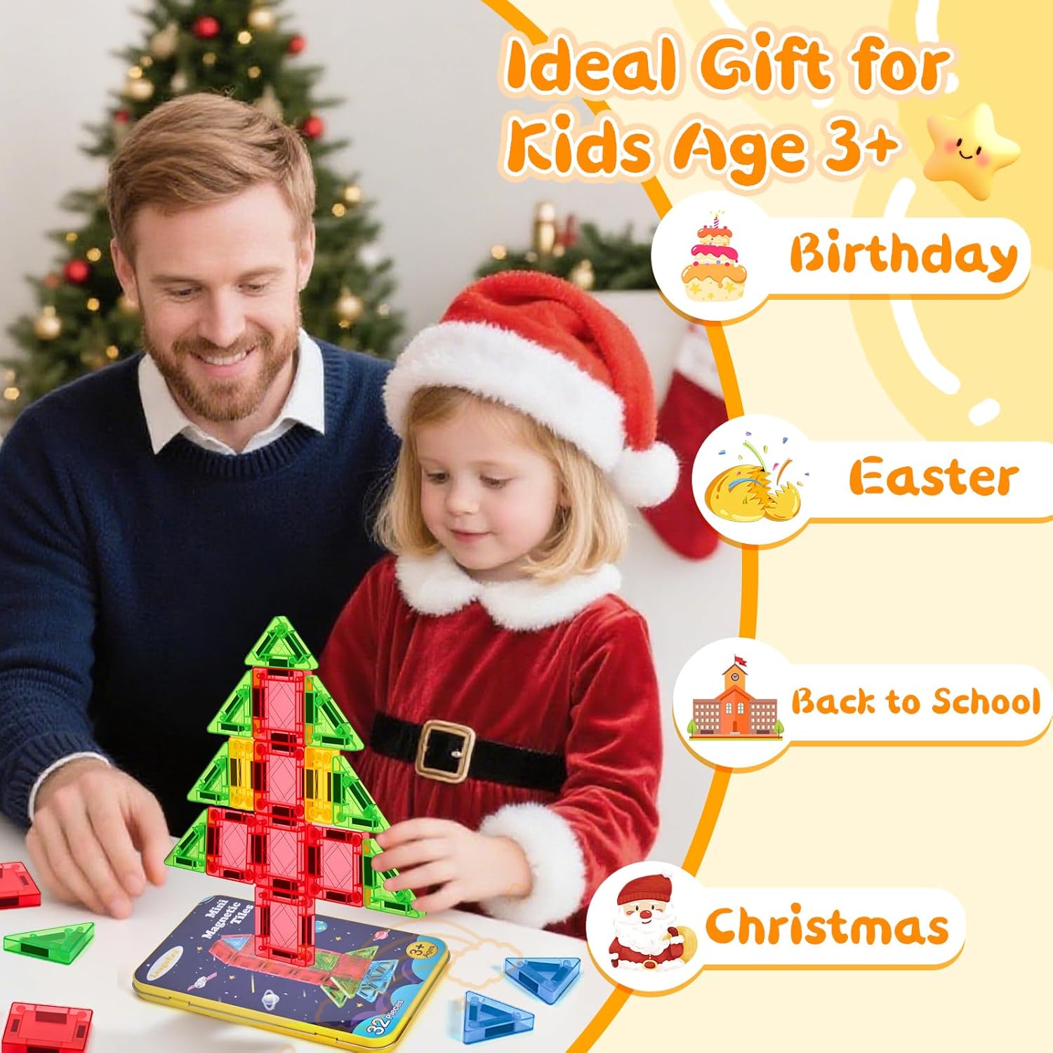 Magnetic Tiles Magnetic Blocks Building Toy: Portable Mini Magnetic Tiles Travel Set 32 Pieces Montessori Toys Birthday Gift for Kids Girls and Boys Ages 3-12 Years Old Preschool Classroom Must Haves