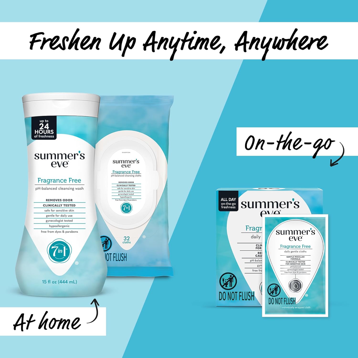 Summer's Eve fragrance-free feminine wipes, gentle pH-balanced micellar water formula for vaginal odor control, resealable pack, 32 wipes