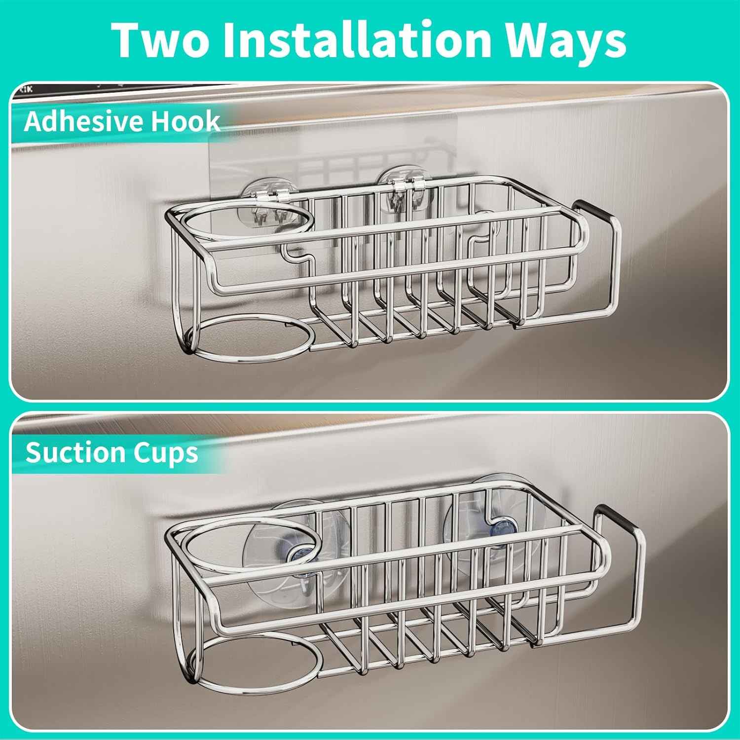HapiRm 4 in 1 Sink Caddy Sponge Holder, SUS304 Stainless Steel Kitchen Brush Holder + Dish Cloth Hanger + Soap Rack + Sink Stopper Rack + Sponge Caddy for Kitchen - Silver