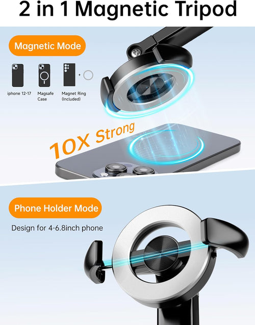 70" Magnetic Phone Tripod, Selfie Stick Tripod for iPhone Magsafe with Rechargeable Remote & 2 in 1 Magnetic Holder, Portable Cellphone Stand for Recording Travel, Compatible with iPhone and Android