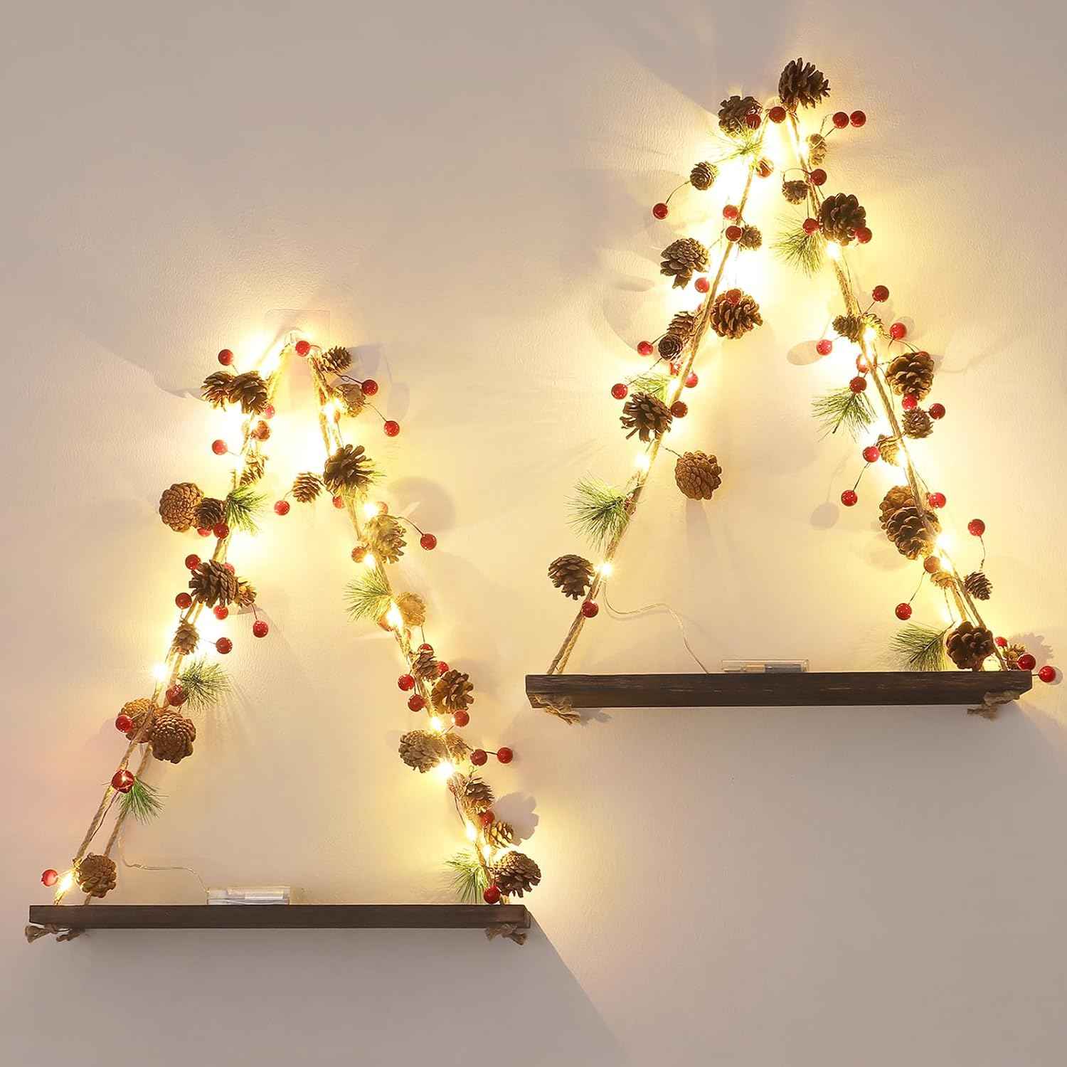 Floating Shelves for Wall, Hanging Shelves with Artificial Ivy LED String Light, No Drilling Hanging Shelf, Wood Hanging Plant Shelves for Wall Décor, Boho Decor, Art Bedroom, Set of 2