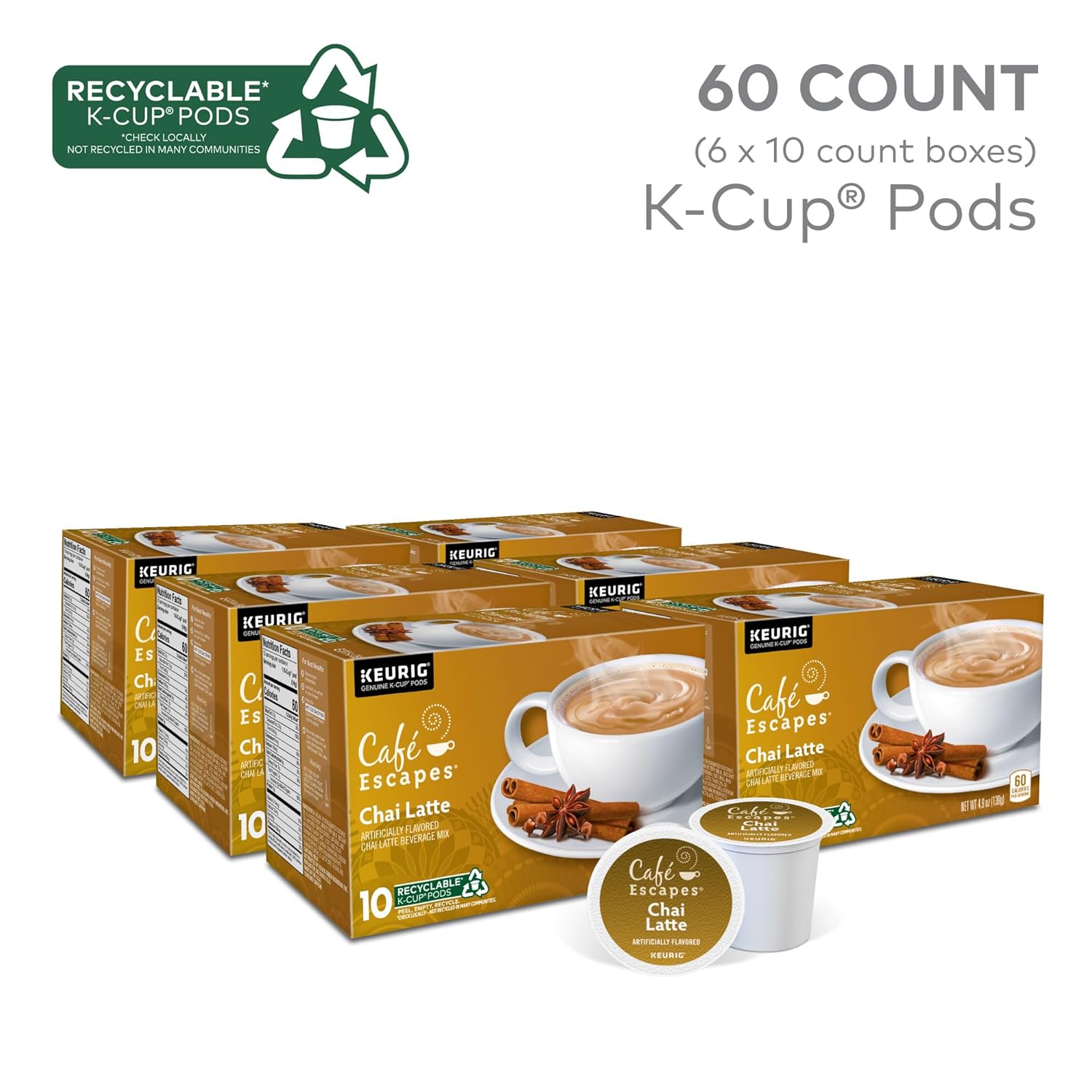 Café Escapes Chai Latte single-serve K-cup pods in 60 count box, low caffeine, contains milk, black tea and spices