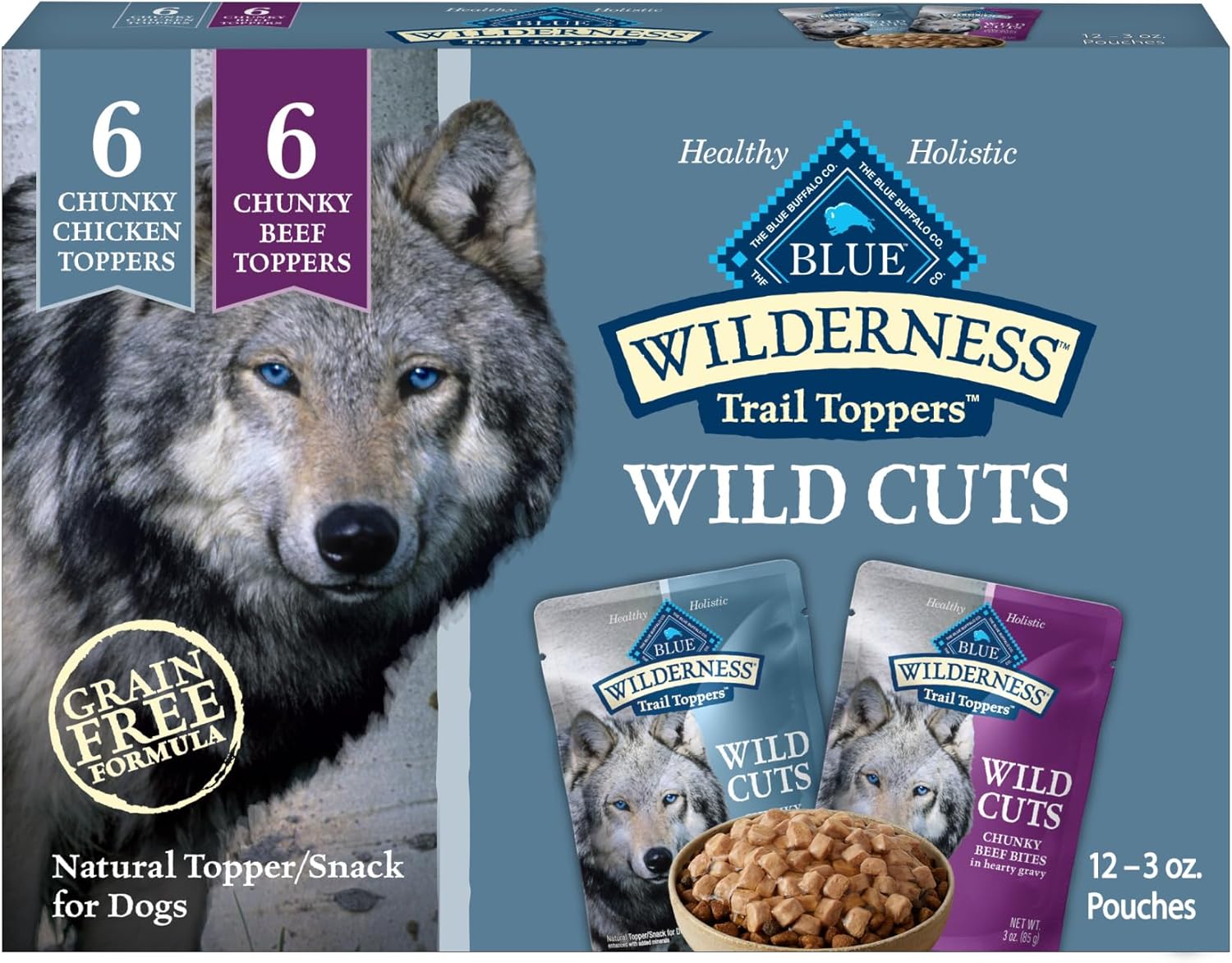 blue buffalo wilderness trail toppers wild cuts wet dog food variety pack, high-protein & grain-free, 12 count, 6 chicken and 6 beef flavors