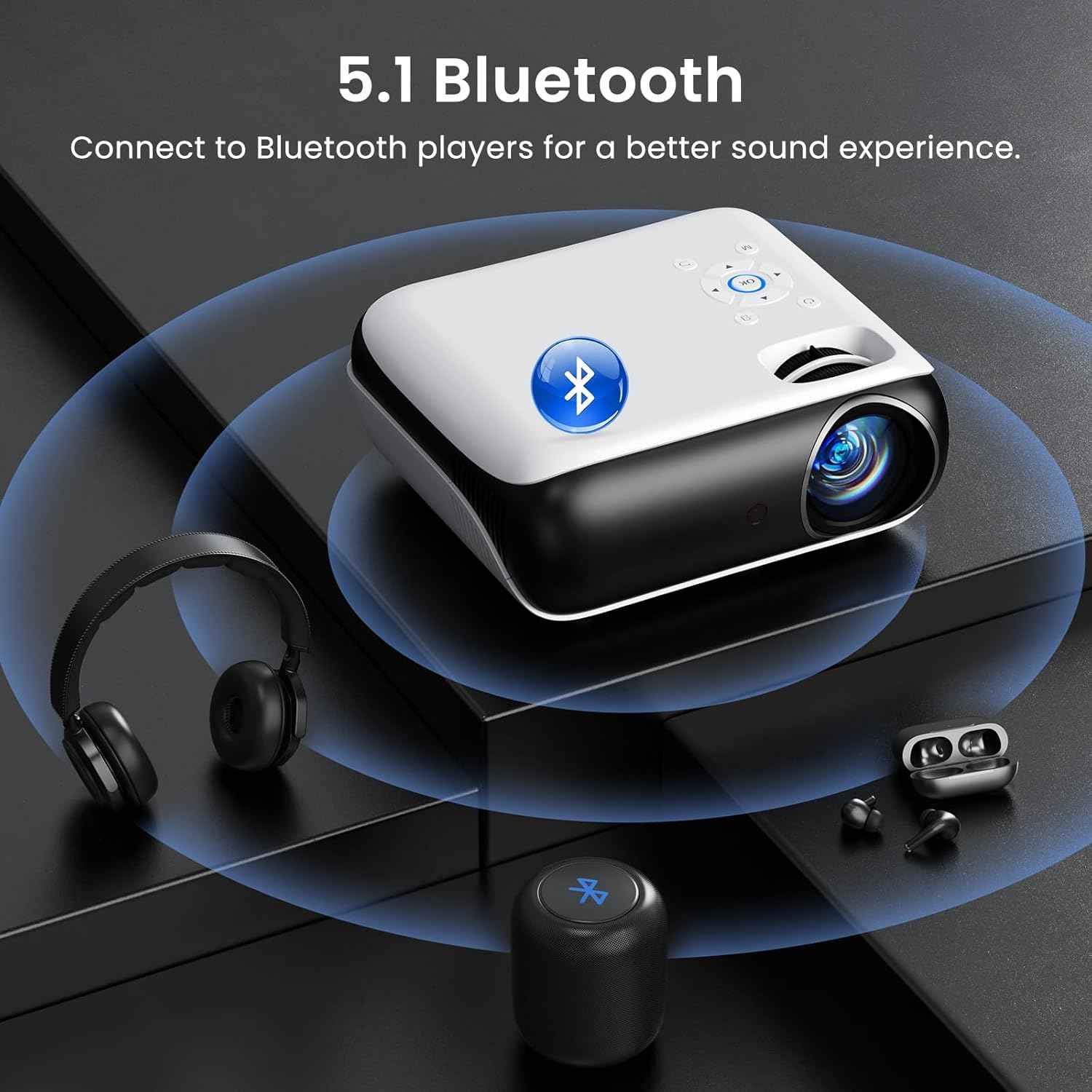 HAPPRUN Native 1080P Bluetooth Mini Projector, Full HD Portable Outdoor Movie Projector with Built-in Speaker, Compatible with Smartphone, HDMI, USB, AV, Fire Stick, PS5 for Home, Bedroom, Outdoor Use