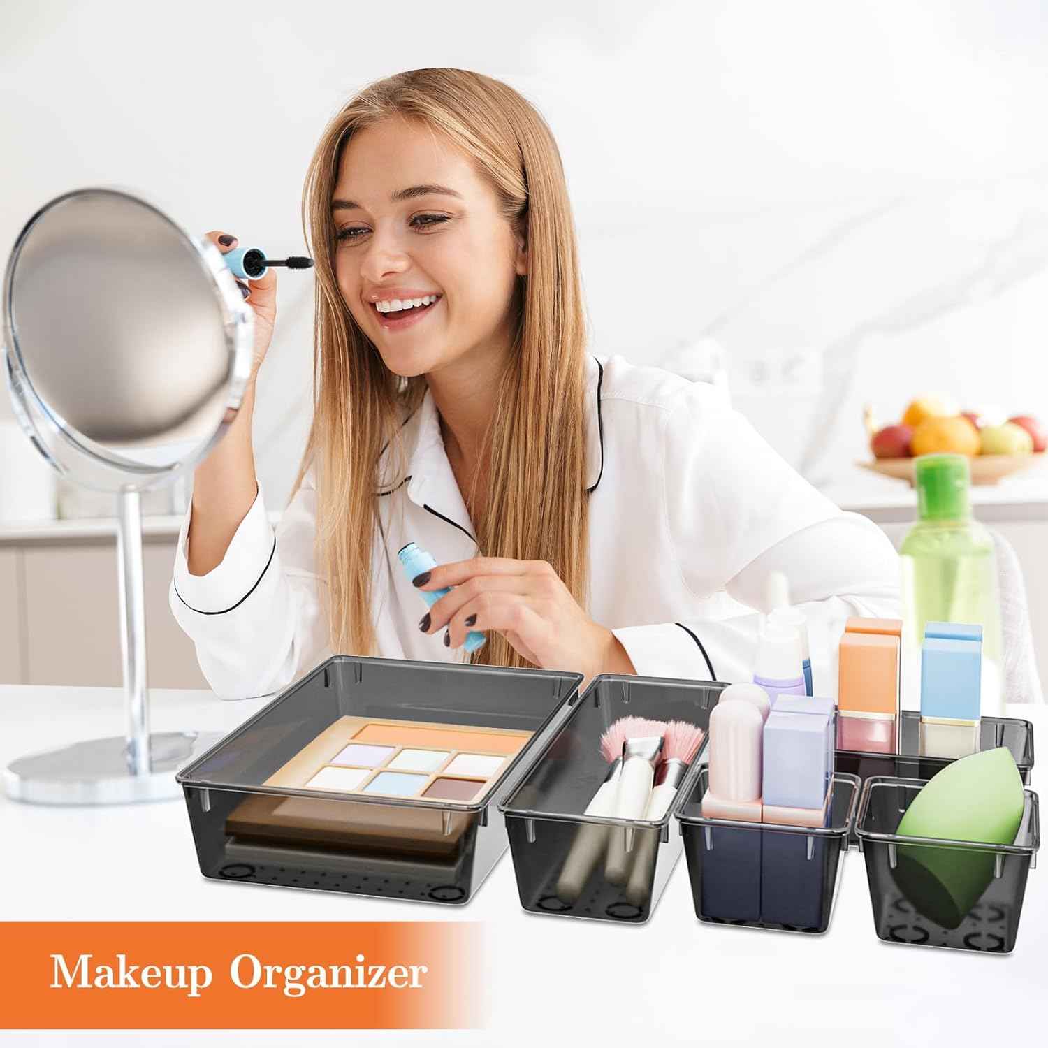 25 PCS Plastic Drawer Organizer Set, 4-Size Versatile Organizer Trays & storage Bins for Makeup, Jewelry, and Gadgets in Bathroom, Bedroom and Office,Clear Black