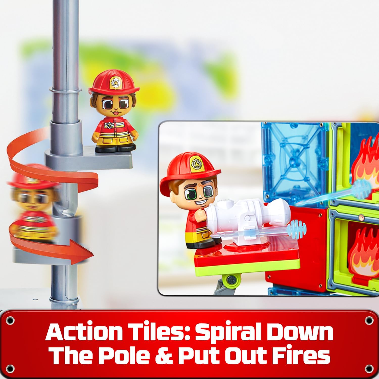 Tile Town Fire Station Magnetic Tiles Set, 66 Piece Kids Magnet Toy, Innovative Action Play Magnetic Tile Building Set Ages 3-6, Amazon Exclusive