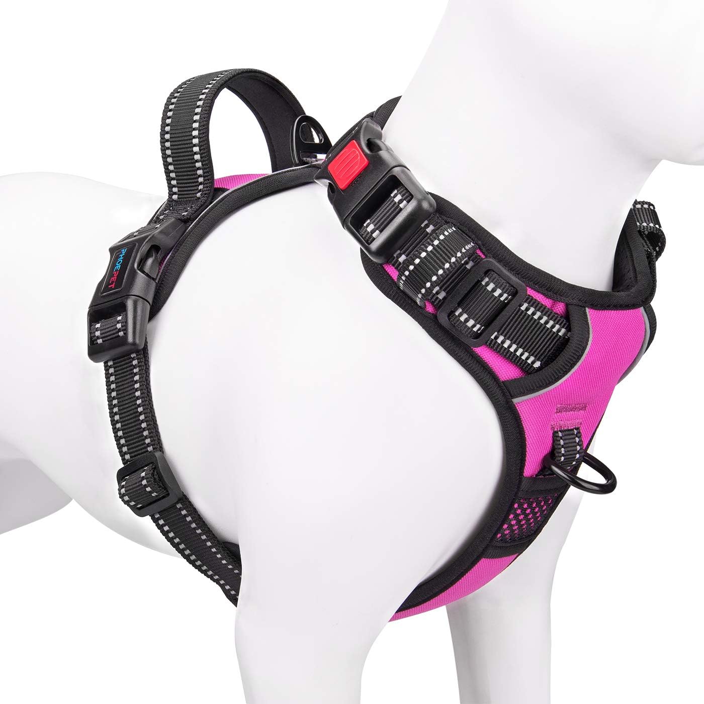 phoepet medium reflective dog harness with handle adjustable 2 metal rings orange