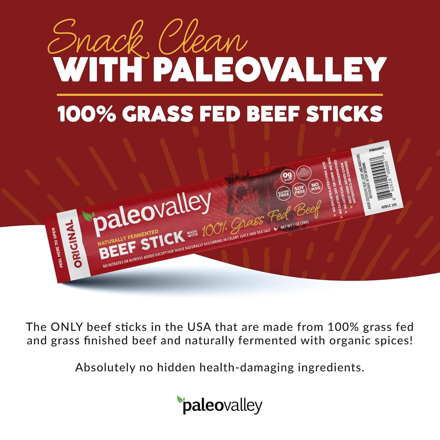paleovalley 100% grass fed original beef sticks - delicious gluten free snack - keto friendly paleo protein