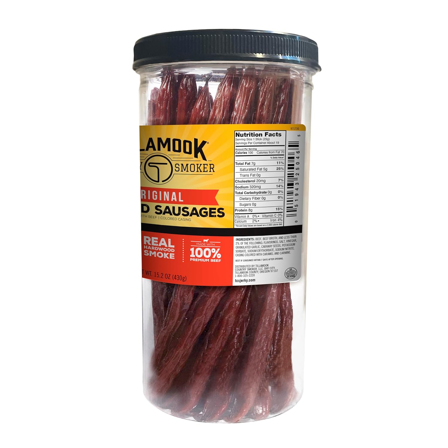 Tillamook Country Smoker original beef smoked sausages, 20 count, 15.2 ounce tall jar, real hardwood smoked