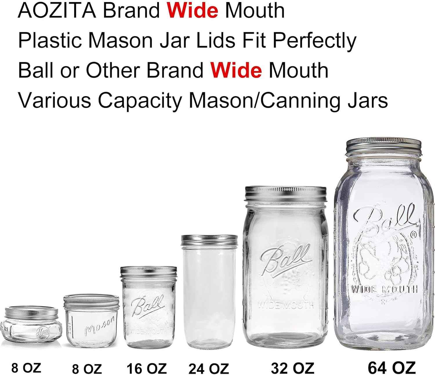 AOZITA [10 Pack] WIDE Mouth Mason Jar Lids for Ball, Kerr and More - White Plastic Storage Caps for Mason/Canning Jars - Leak-Proof, Dishwasher Safe & Food Grade