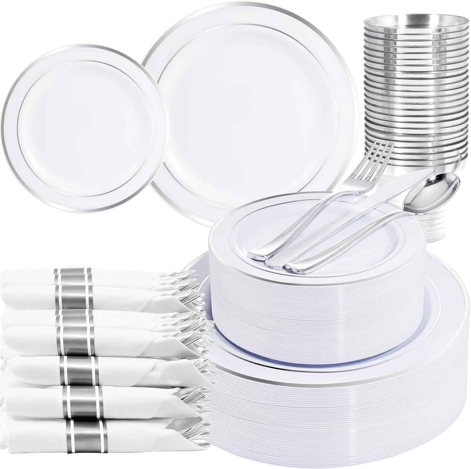WELLIFE 700 Pieces Gold Plastic Dinnerware Set for 100 Guests - Includes Plates, Cups, Napkins, and Disposable Cutlery - Elegant White & Gold Design, Perfect for Parties and Events