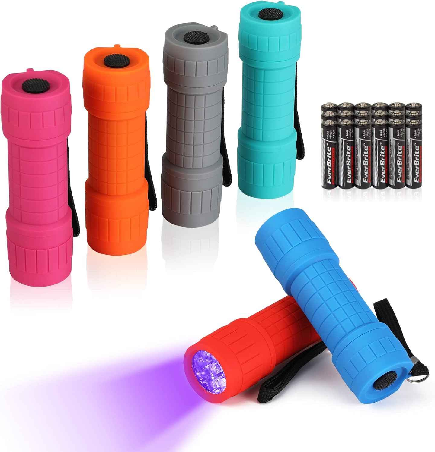 EverBrite 9-LED Flashlight 6-Pack Impact Handheld Torch Assorted Colors with Lanyard 3AAA Battery Included (Hurricane Supplies, Camping, Hiking, Emergency, Hunting)