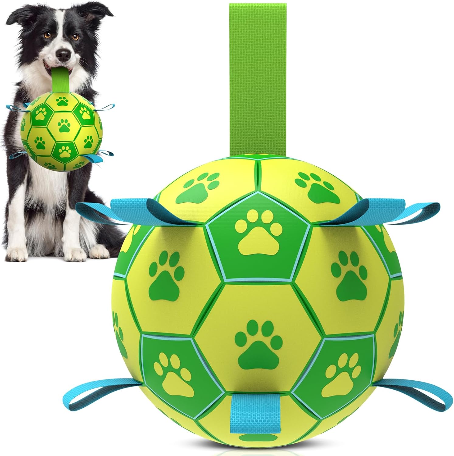 Qdan dog toys 6 inch world cup dog soccer ball with straps for small medium pet outdoor play
