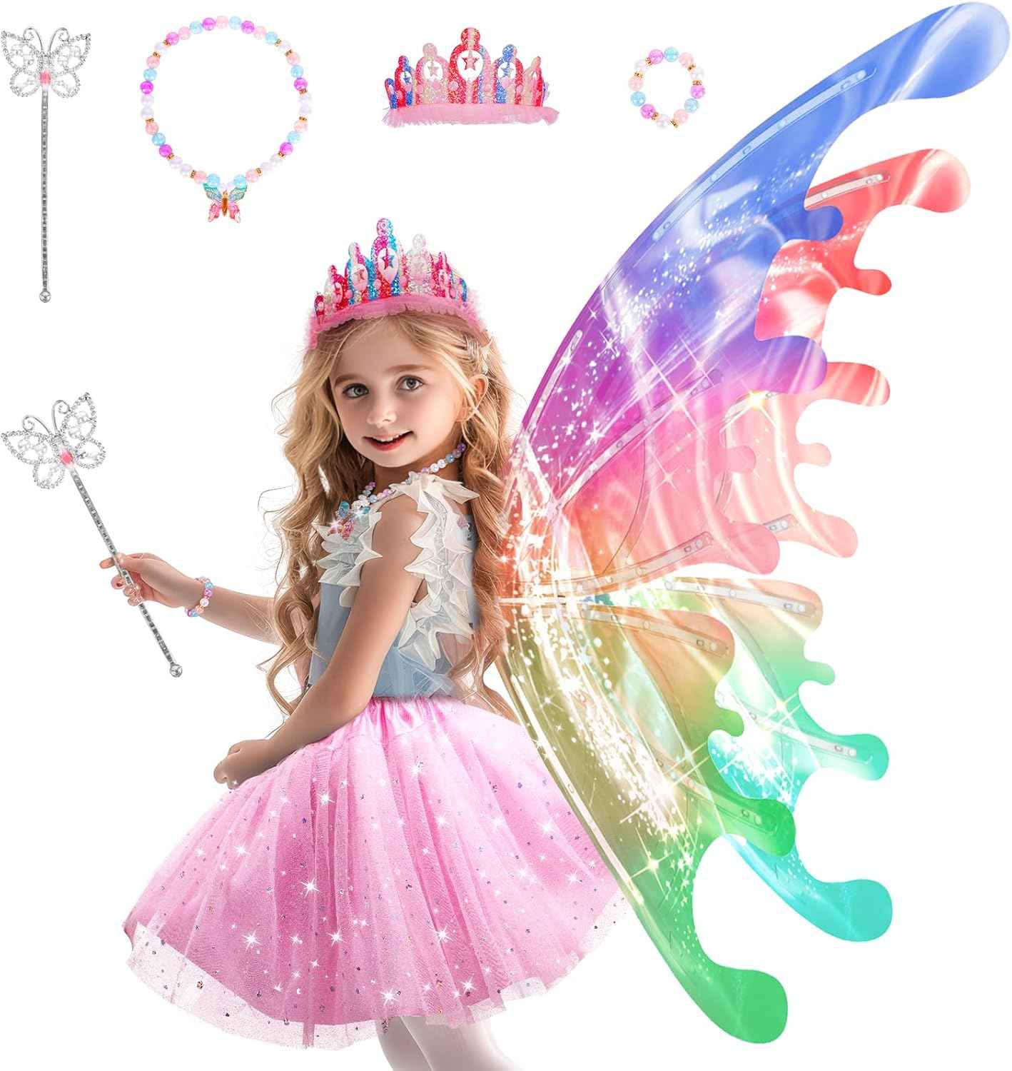 maysida Electric Fairy Wings for Girls, Light Up Moving Butterfly Wings with LED Lights and Music, Toy for Kids as Halloween Valentine Birthday Christmas Party Costume Princess Cosplay Dress Up Gift