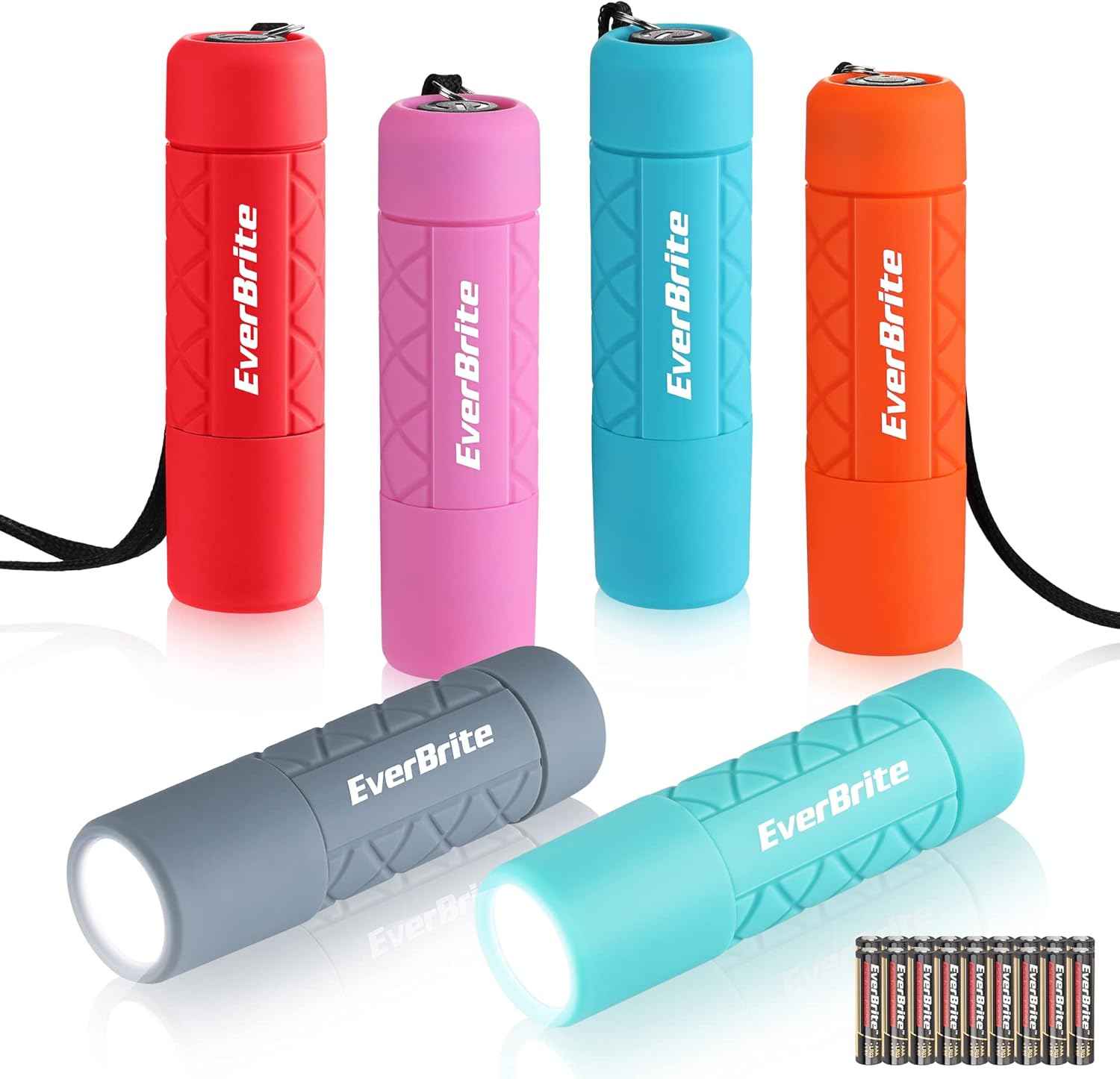 EverBrite 9-LED Flashlight 6-Pack Impact Handheld Torch Assorted Colors with Lanyard 3AAA Battery Included (Hurricane Supplies, Camping, Hiking, Emergency, Hunting)