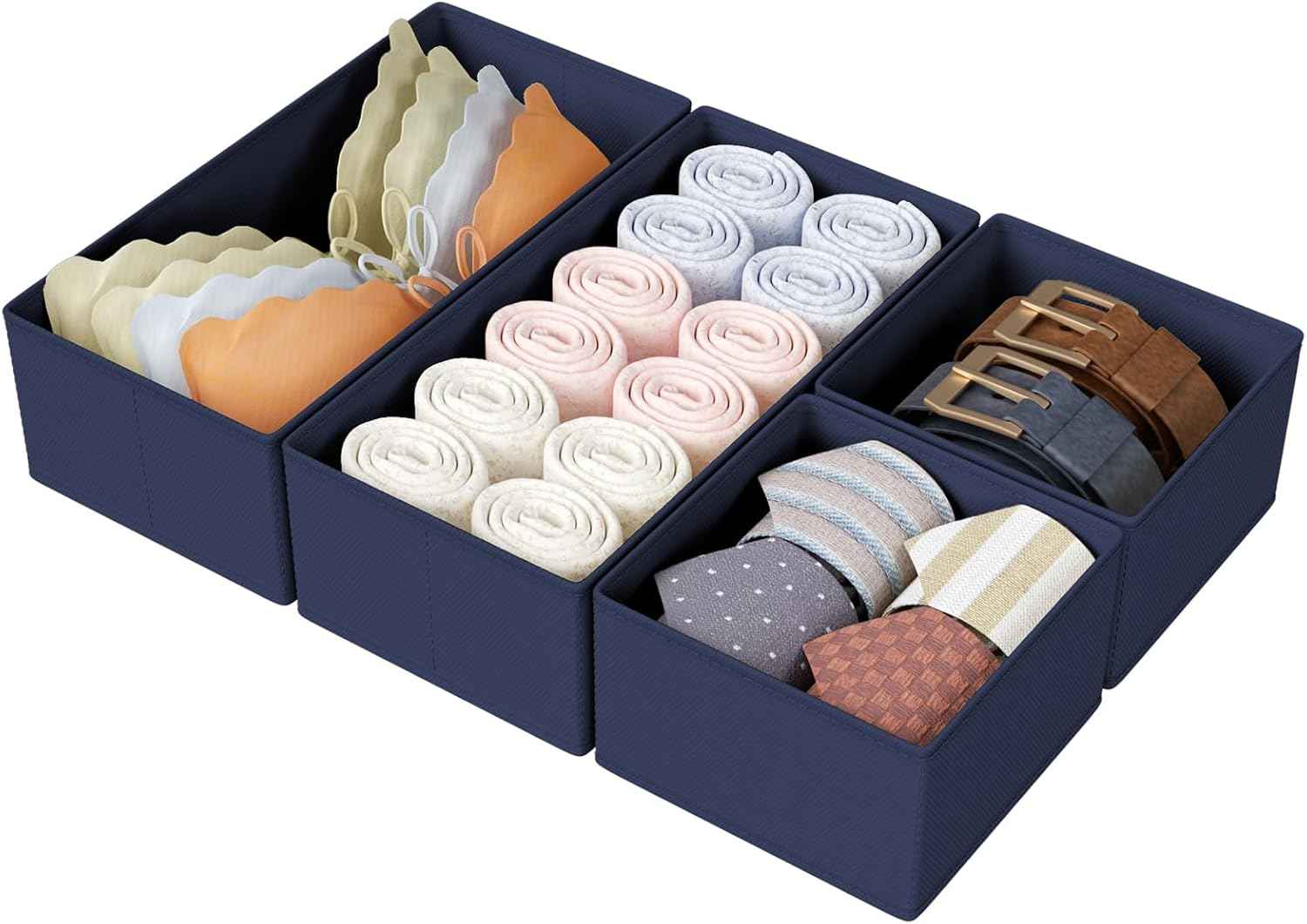 DIMJ Drawer Organizers Clothes, Set of 4 Dresser Organizer Bins, Fabric Closet Organizers and Storage, Shallow Drawer Dividers for Nursery, Clothing, Baby Clothes, Socks, Underwears, Tie (Beige)