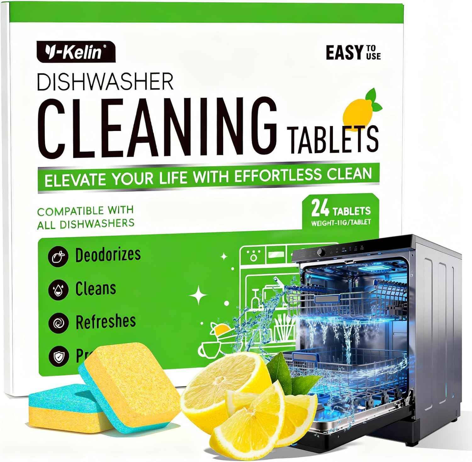 Dishwasher Cleaner and Deodorizer Tablets, 24 Pack - Helps Remove Limescale & Odor, Prevents Buildup in Pipes, Safe for All Dishwashers, Lemon Scent - 12 Month Supply