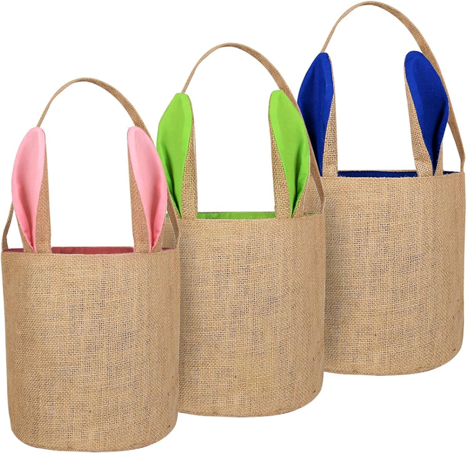 3 pcs canvas bunny print easter egg hunt gift basket with fluffy tails for kids party decoration