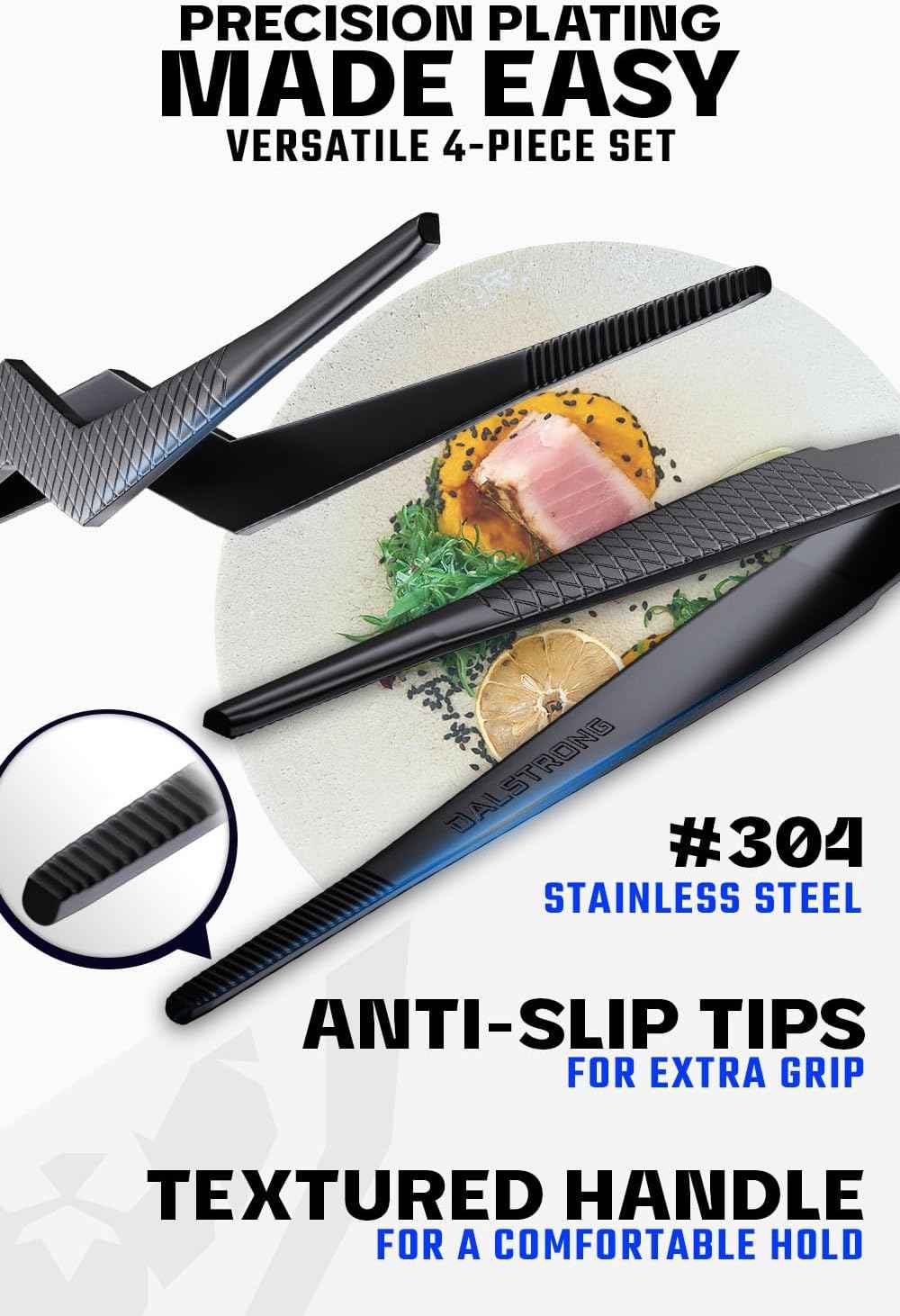 Dalstrong Professional Food Tweezers-Giftable 4pc Set-6.5"-High-Precision Tweezer Tongs-Black Titanium Coating-Plating, Multi-use-304 Stainless Steel-Culinary Fine Use-Metal Kitchen Tongs
