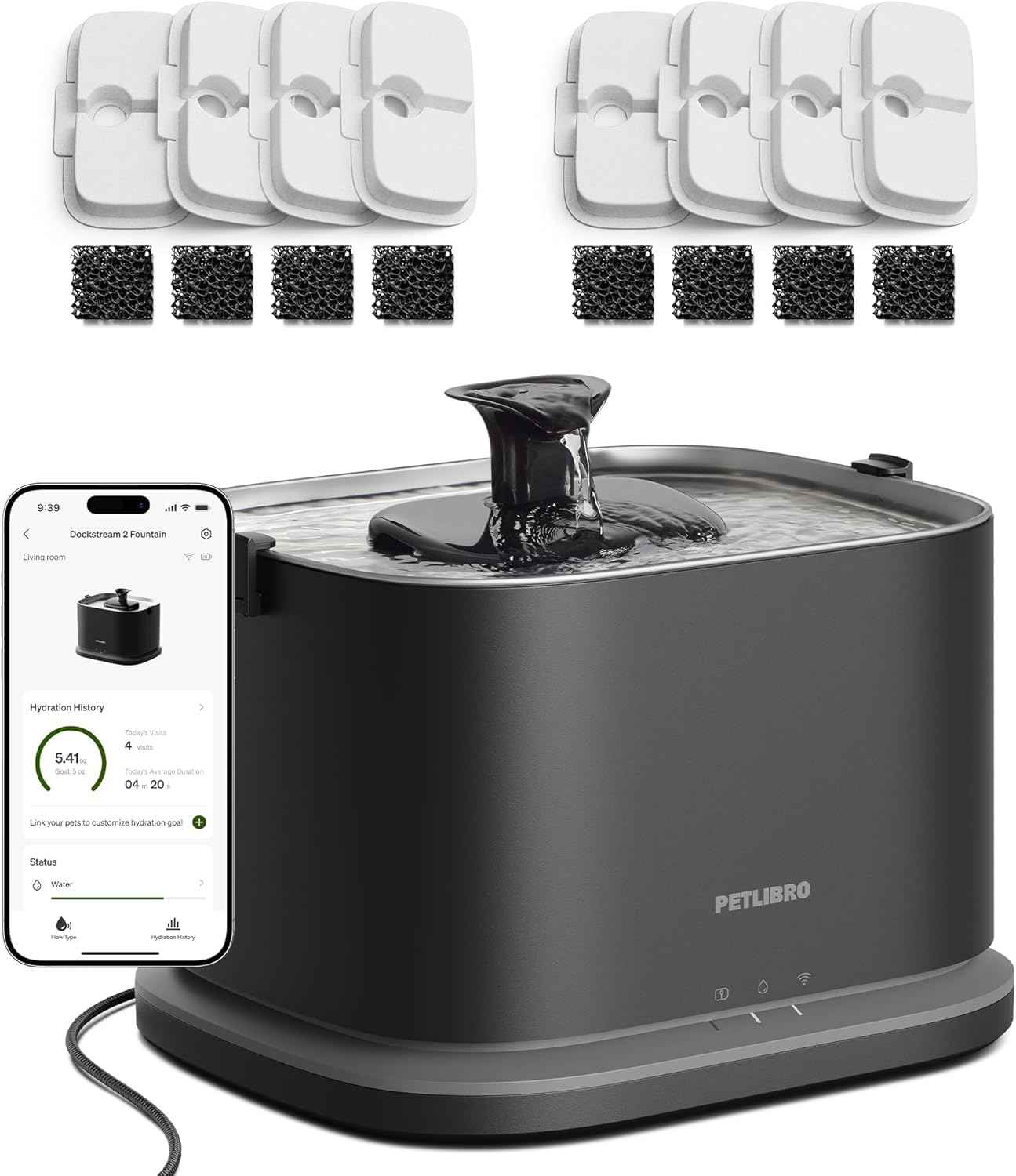 PETLIBRO Upgrade Cat Water Fountain Stainless Steel Tray, Dockstream 2 Cat Fountain Indoor, 3L/101oz Auto Cat Fountains for Drinking, App Monitoring Pet Water Fountain Dog, 5G WiFi Cat Water Dispenser