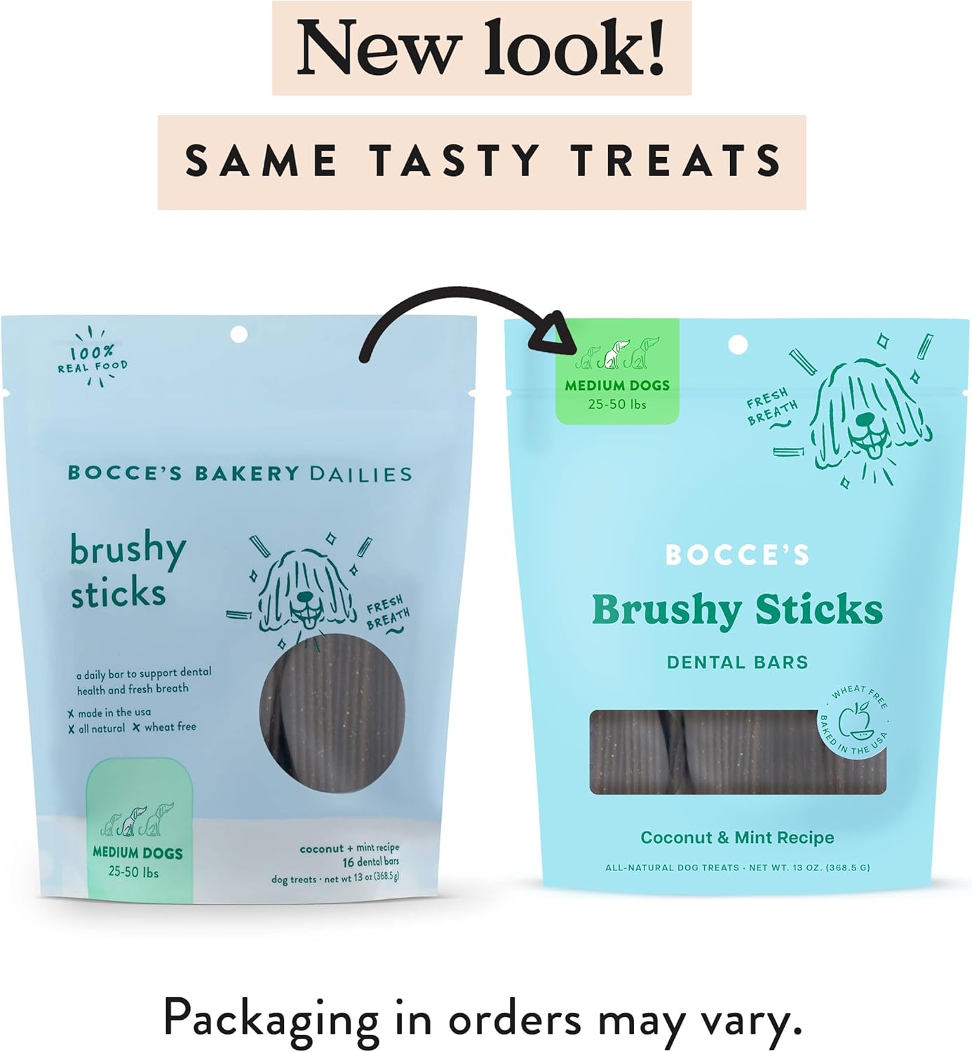 Bocce's Bakery Dailies Brushy Sticks for Medium Dogs, Wheat-Free, All-Natural Coconut & Mint, Baked in USA