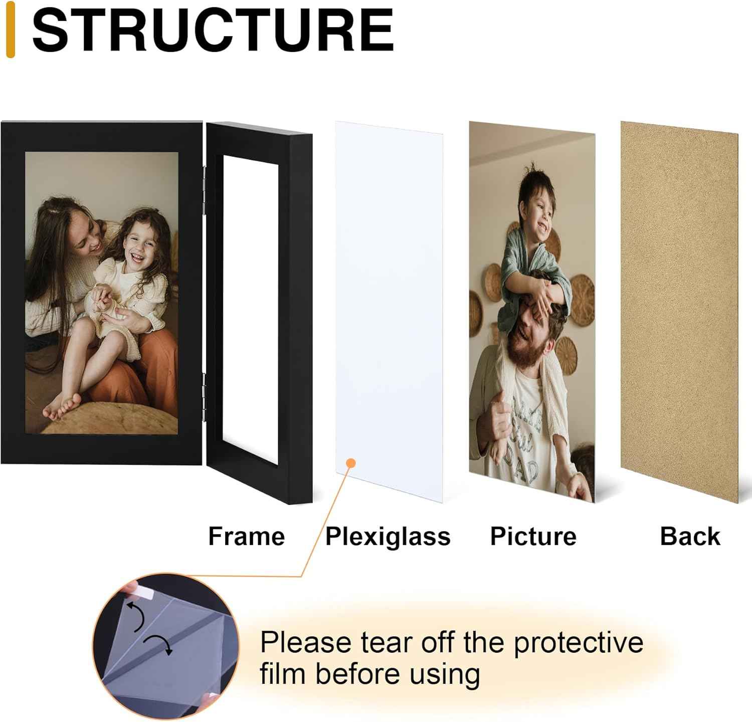 decorUhome Double 4x6 Picture Frame Vertical, Engineered Wood Bifold Photo Frame with Plexiglass for Tabletop Display, 4x6, Black