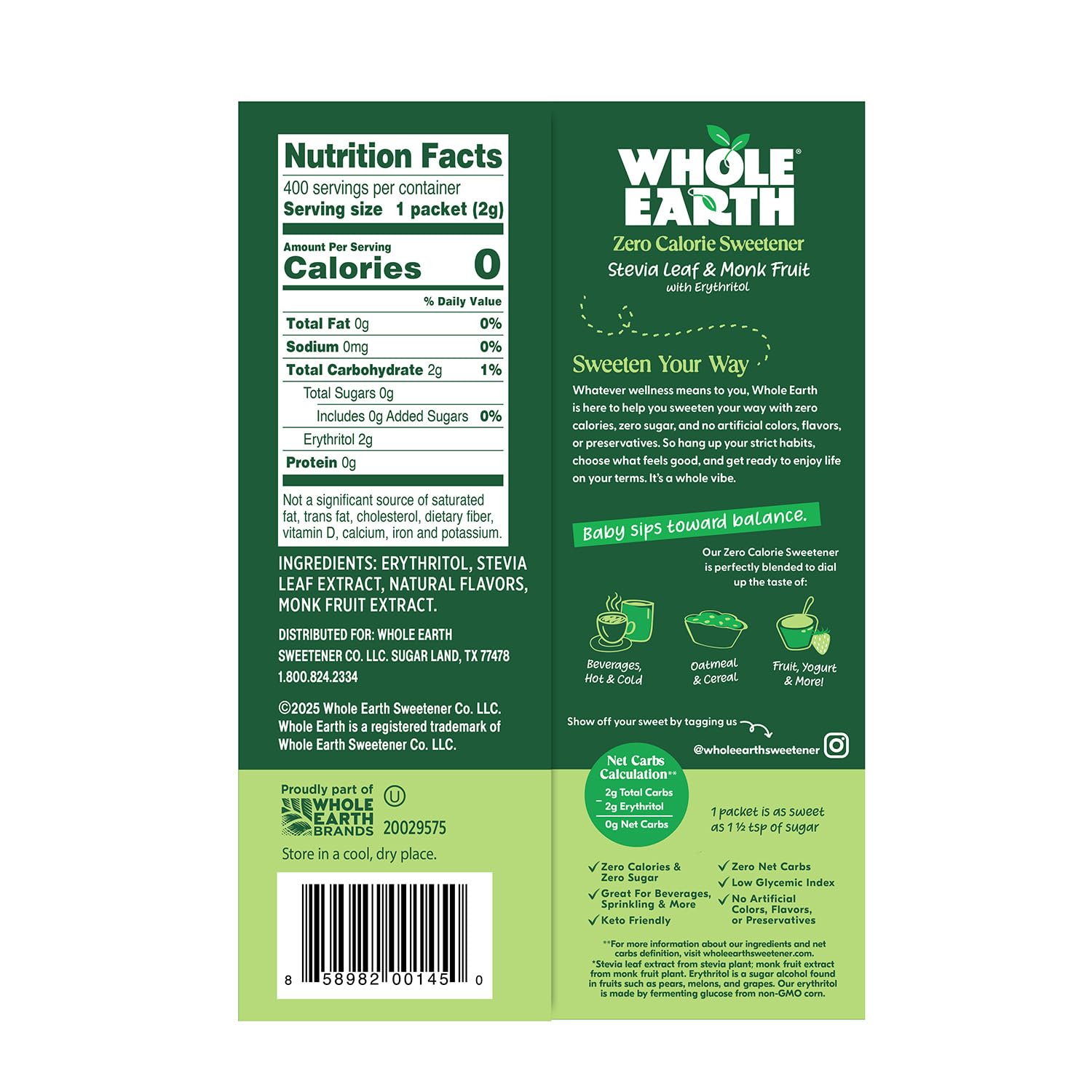 Whole Earth Stevia & Monk Fruit Sweetener packets, 400 count, zero-calorie sugar substitute for keto, paleo, and low-carb diets