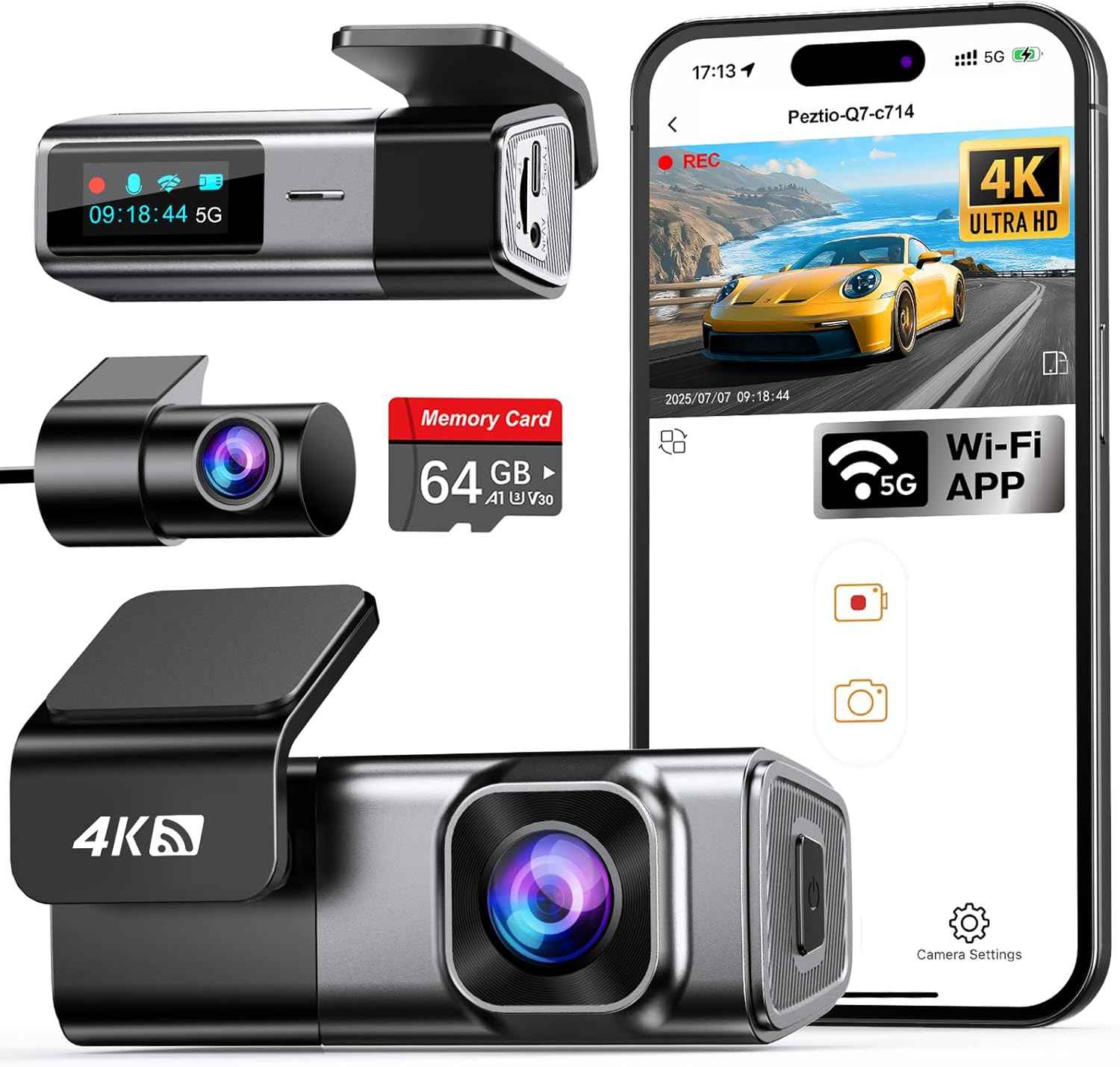 Navycrest 4K Dash Cam Front and Rear with 64GB Card, Built-in 5G WiFi, Dash Camera for Cars 4K Front and 1080P Rear, Dashcams for Cars Loop Recording, Gravity Sensor, 24-Hours Parking Mode