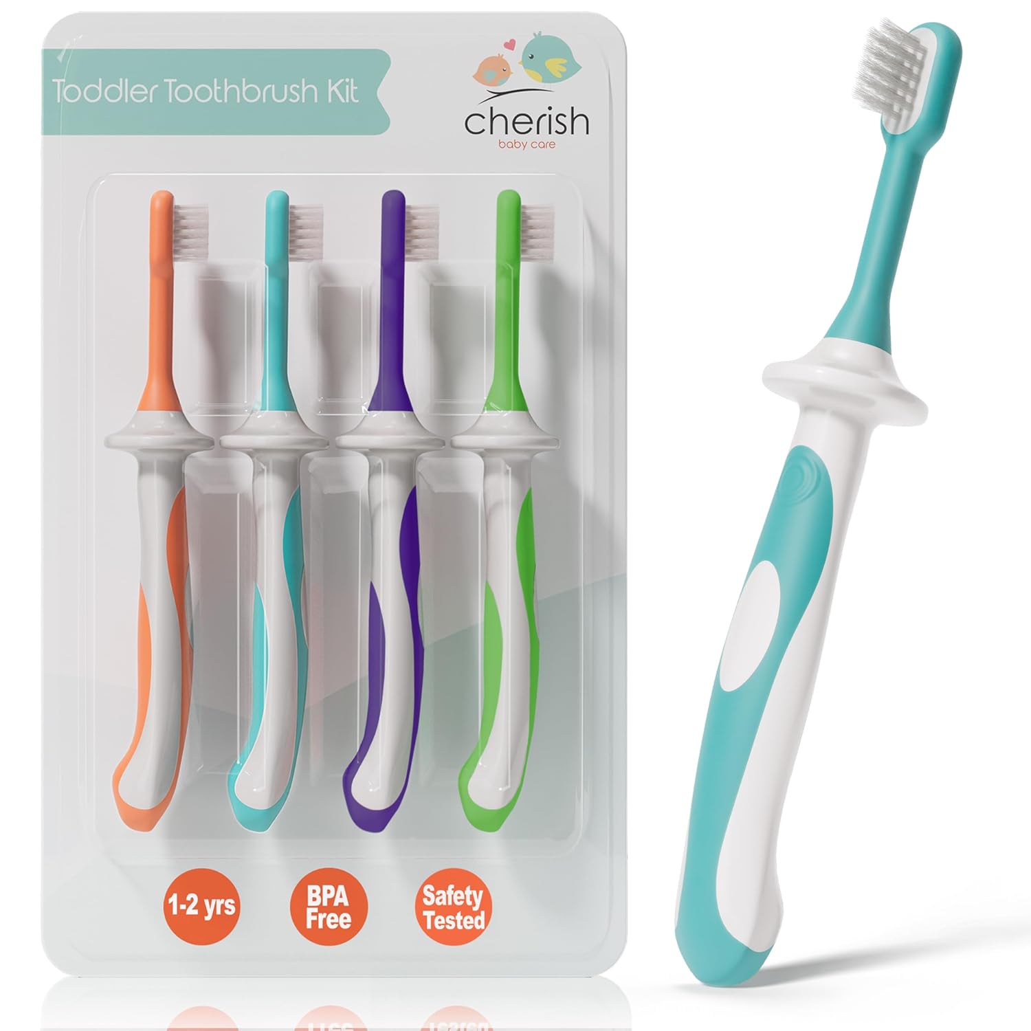 cherish baby care baby toothbrush & toddler toothbrush set (0-2 years) - teal - bpa-free & safety-tested