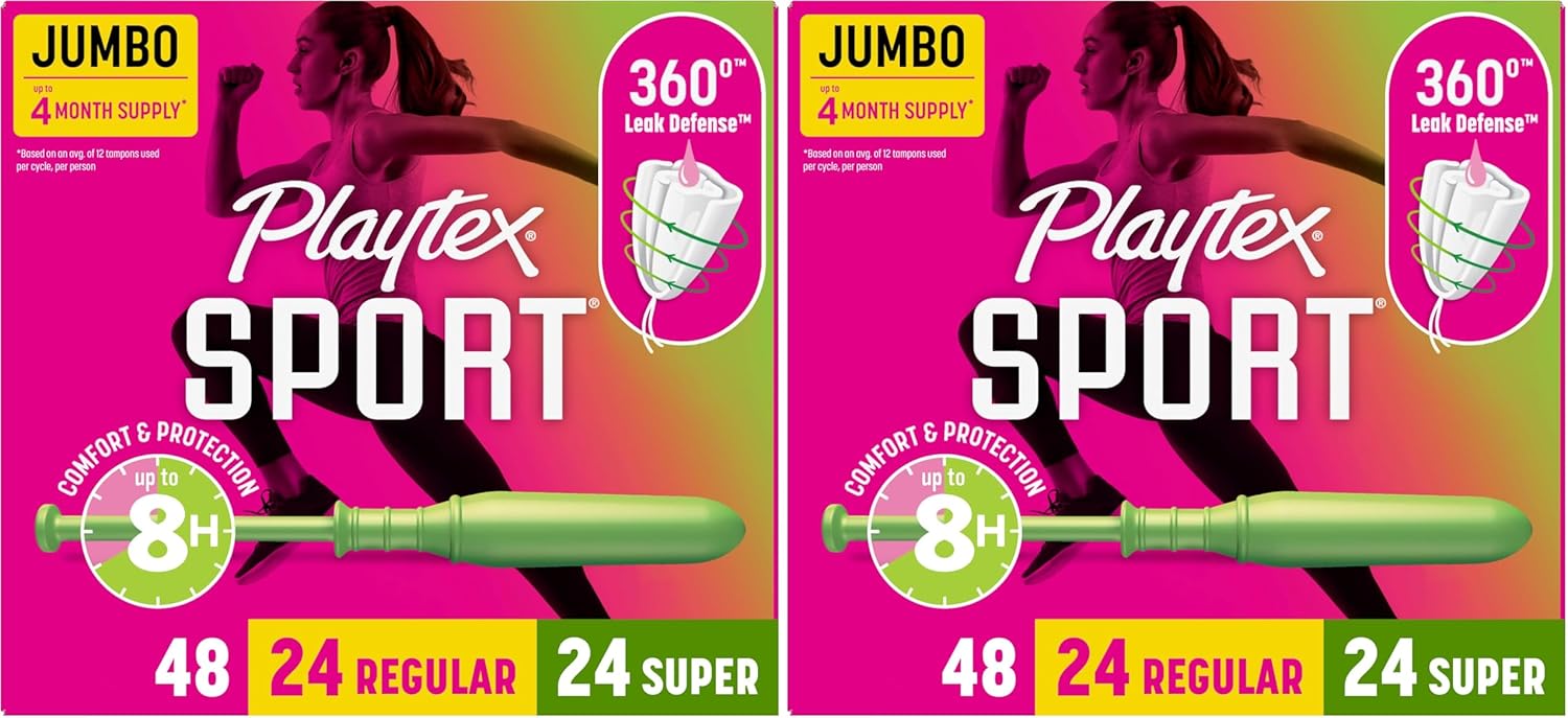 Playtex Sport Tampons Multipack, 48ct, Regular and Super, Fragrance-Free, 360 Leak Defense, Feminine Care