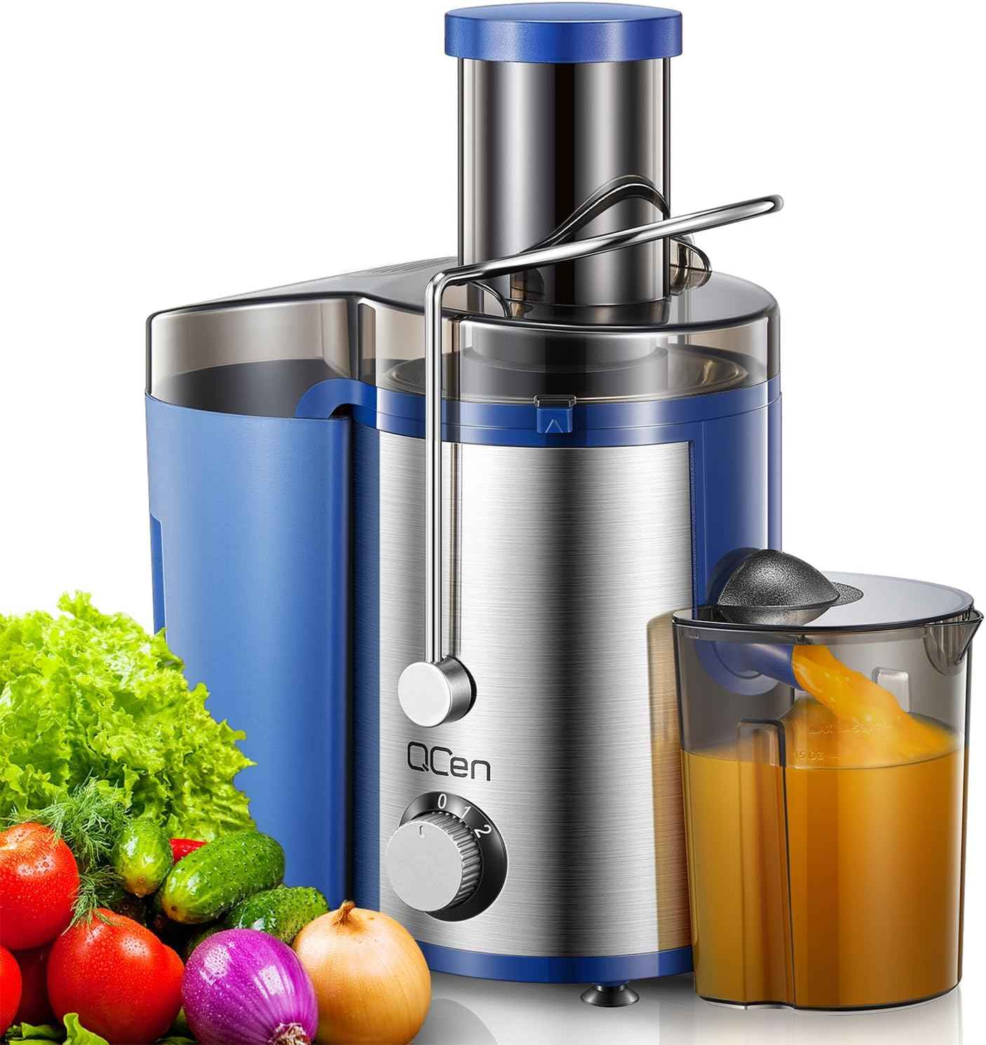 Qcen Juicer Machine, 500W Centrifugal Juicer Extractor with Wide Mouth 3” Feed Chute for Fruit Vegetable, Easy to Clean, Stainless Steel, BPA-free (Black)