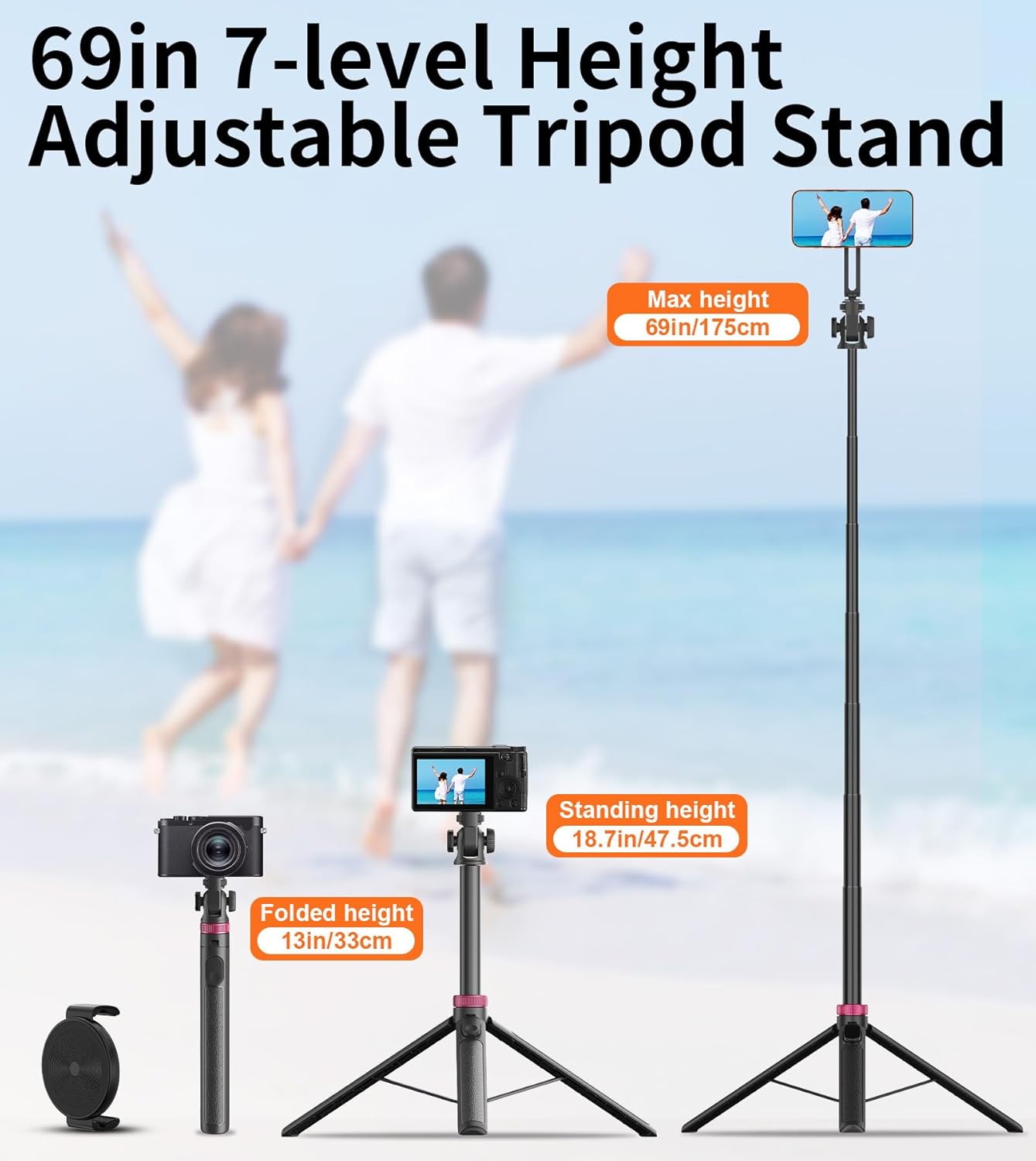 69" Magnetic Phone Tripod Head for All Phones,Selfie Stick Monopod for Magsafe with Remote & Phone Mount Adapter,Portable Tripod for iPhone/Android,Camera Accessory Kits,Photo,Vlogging,Travel