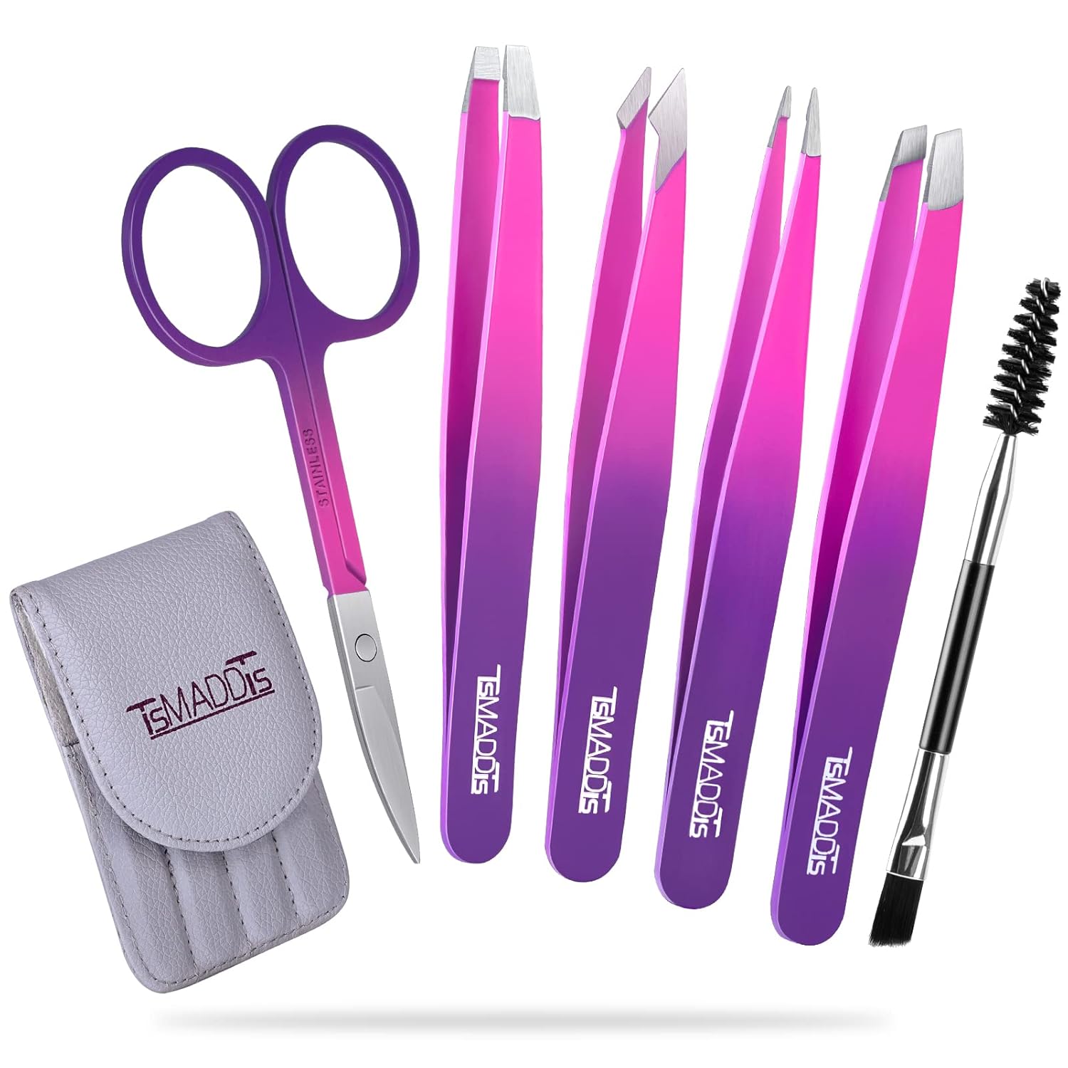 TsMADDTs 6 PCS Stainless Steel Tweezers Set for Women with Curved Scissor and Leather Travel Case