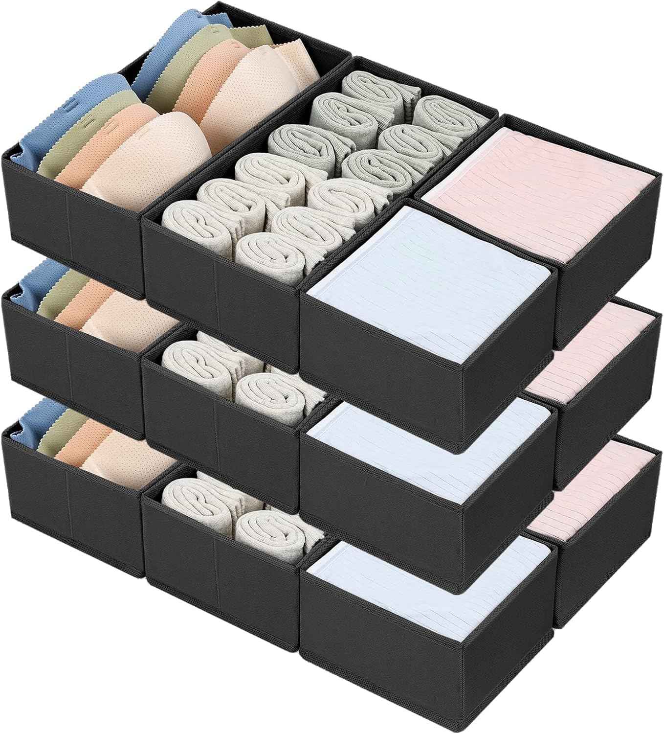 DIMJ Drawer Organizers Clothes, Set of 4 Dresser Organizer Bins, Fabric Closet Organizers and Storage, Shallow Drawer Dividers for Nursery, Clothing, Baby Clothes, Socks, Underwears, Tie (Beige)