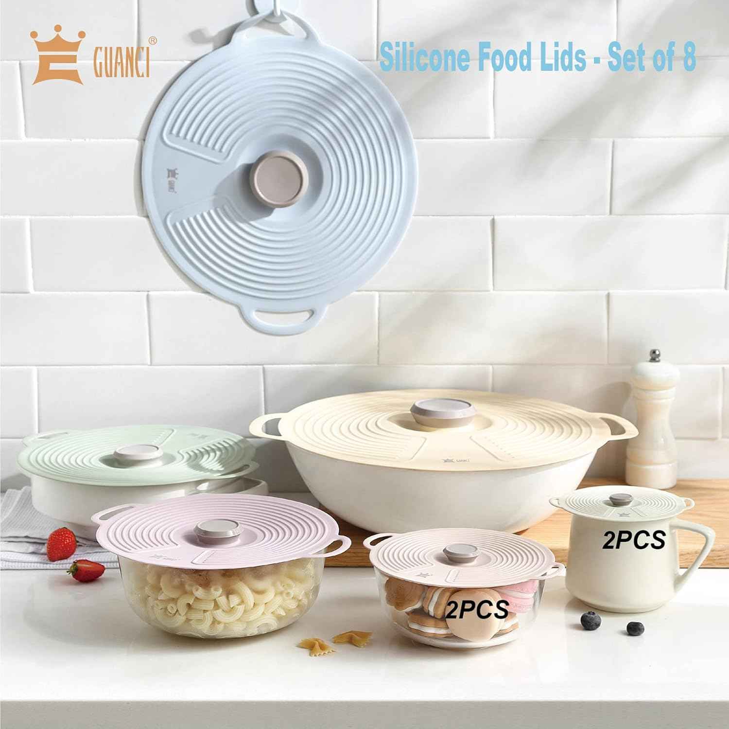 GUANCI Silicone Lids for Bowl 8 Pack, Microwave Splatter Cover with 6 Sizes Reusable Heat Resistant Lids Fits Cups, Bowls, Plates, Pots, Pans, Skillets, Stove Top, Oven, Fridge Dishwasher Safe