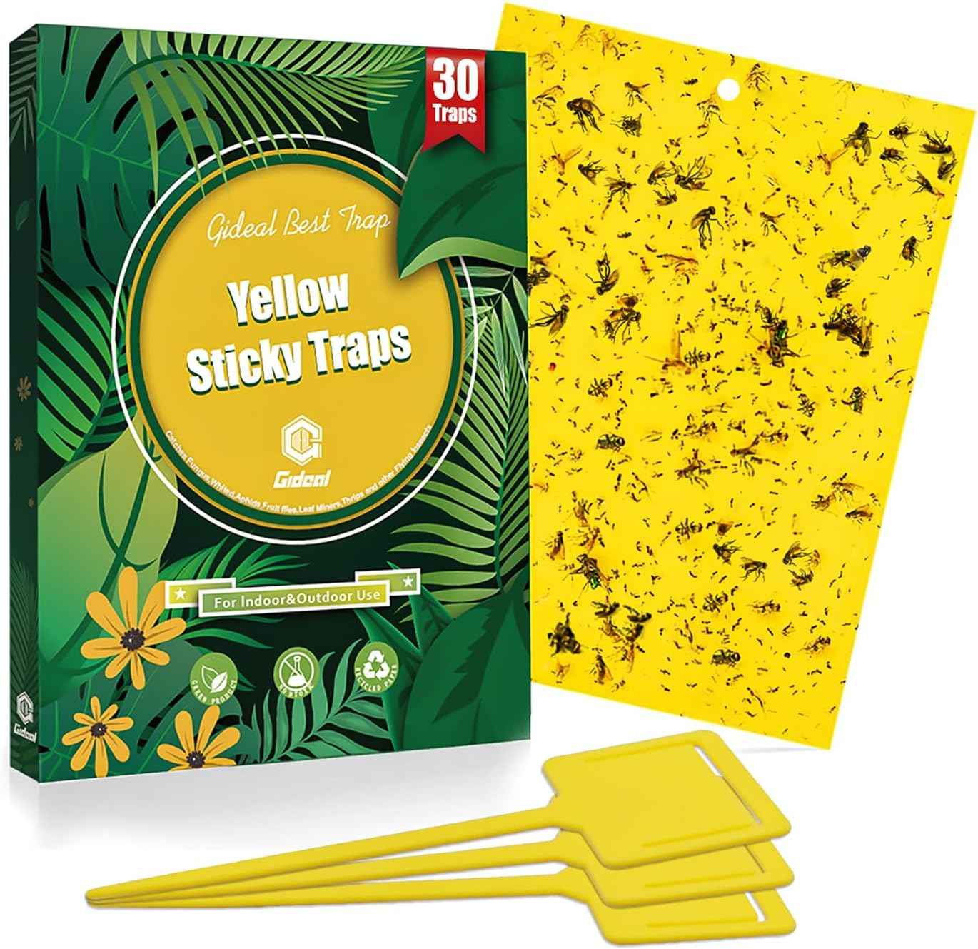 Gideal 20-Pack Dual-Sided Yellow Sticky Traps for Flying Plant Insect Such as Fungus Gnats, Whiteflies, Aphids, Leafminers,Thrips - (6x8 Inches, Included 20pcs Twist Ties)