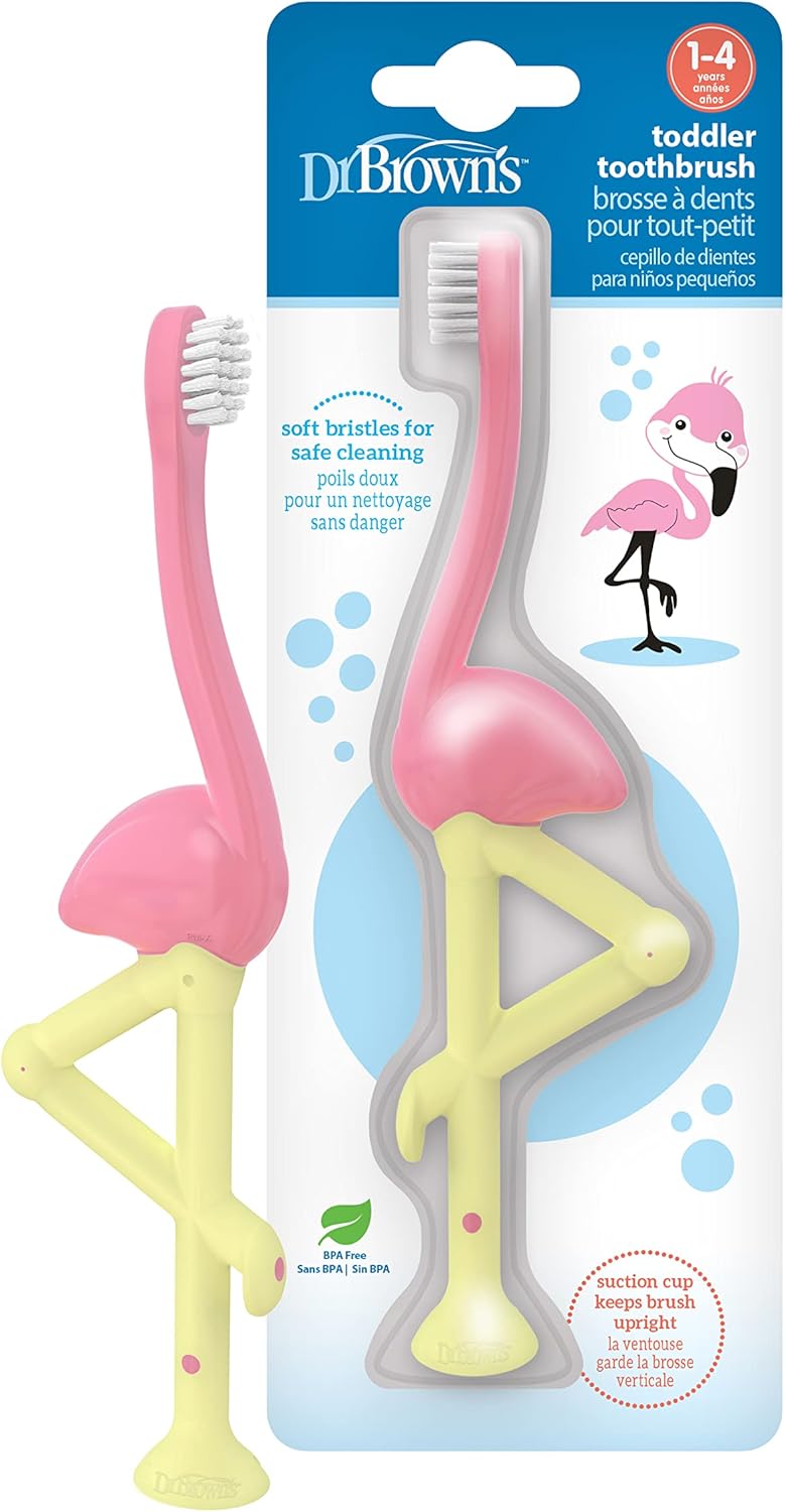 Dr Brown's Baby Toddler Toothbrush Green and Orange Dinosaur 2-Pack Ages 1-4 Years Soft Bristles Suction Cup Base