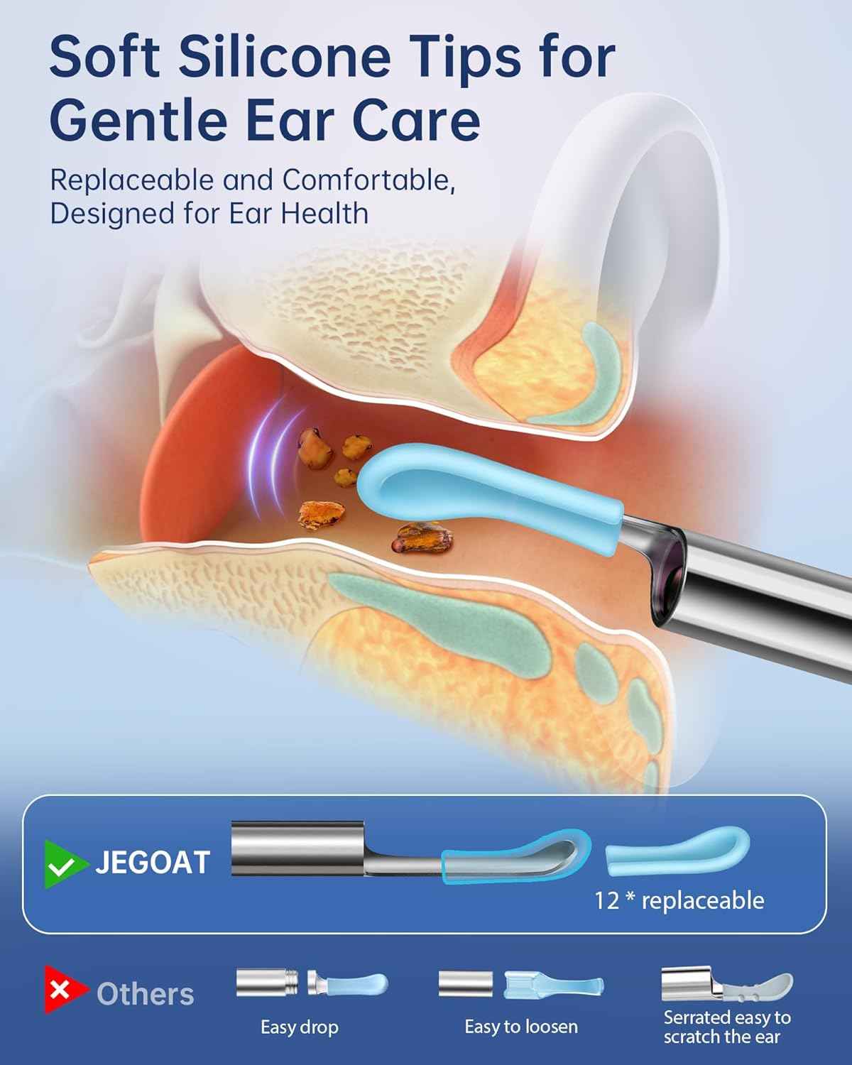 Jegoat Ear Wax Removal, Ear Wax Removal Tool Camera with 1296P HD Camera and 6 LED Lights, Ear Cleaner with 10 Ear Pick, Upgraded Ear Wax Removal Kit for iOS and Android, Black
