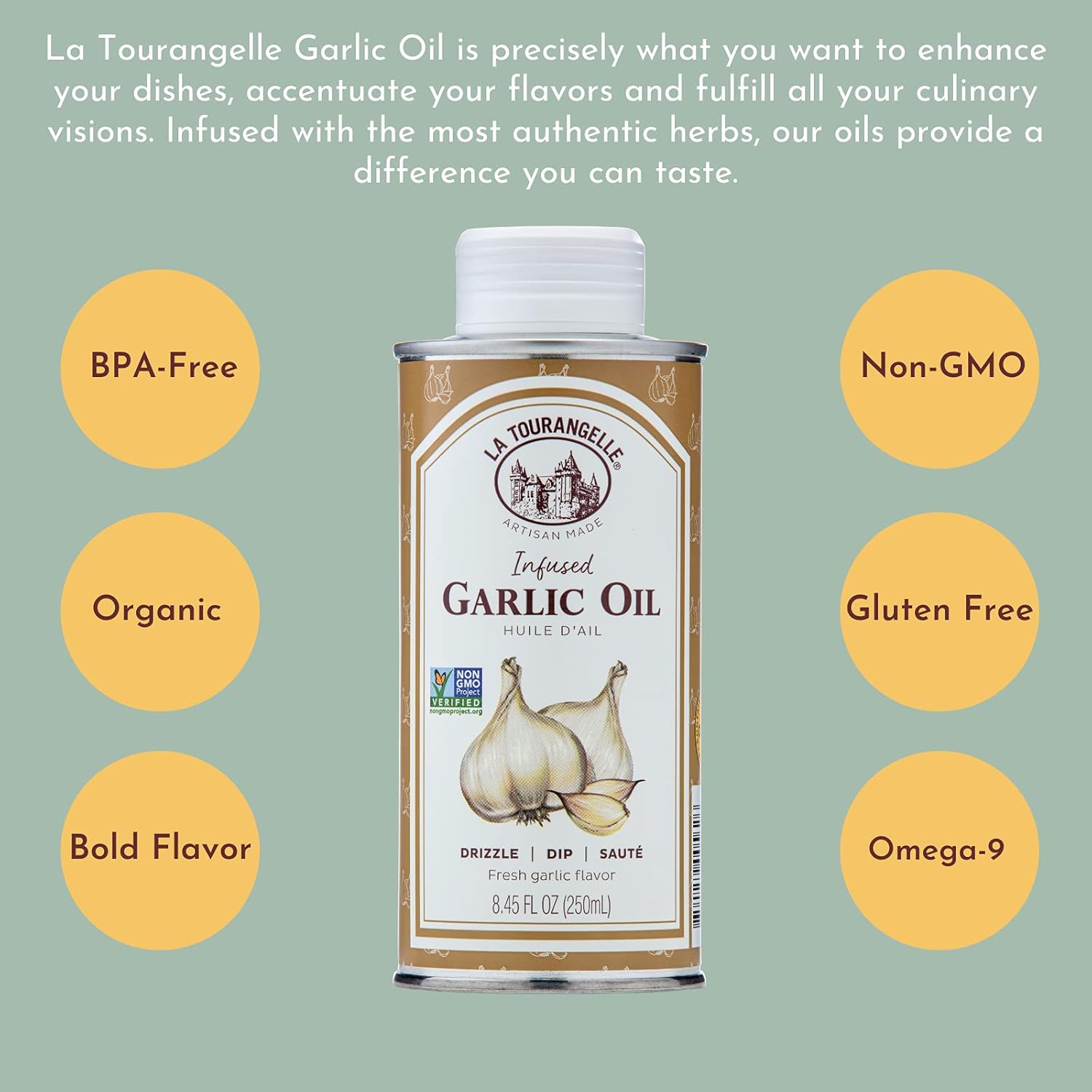la tourangelle garlic oil high oleic oil for cooking pastas salad dressings and drizzling on popcorn 8.45 fl oz