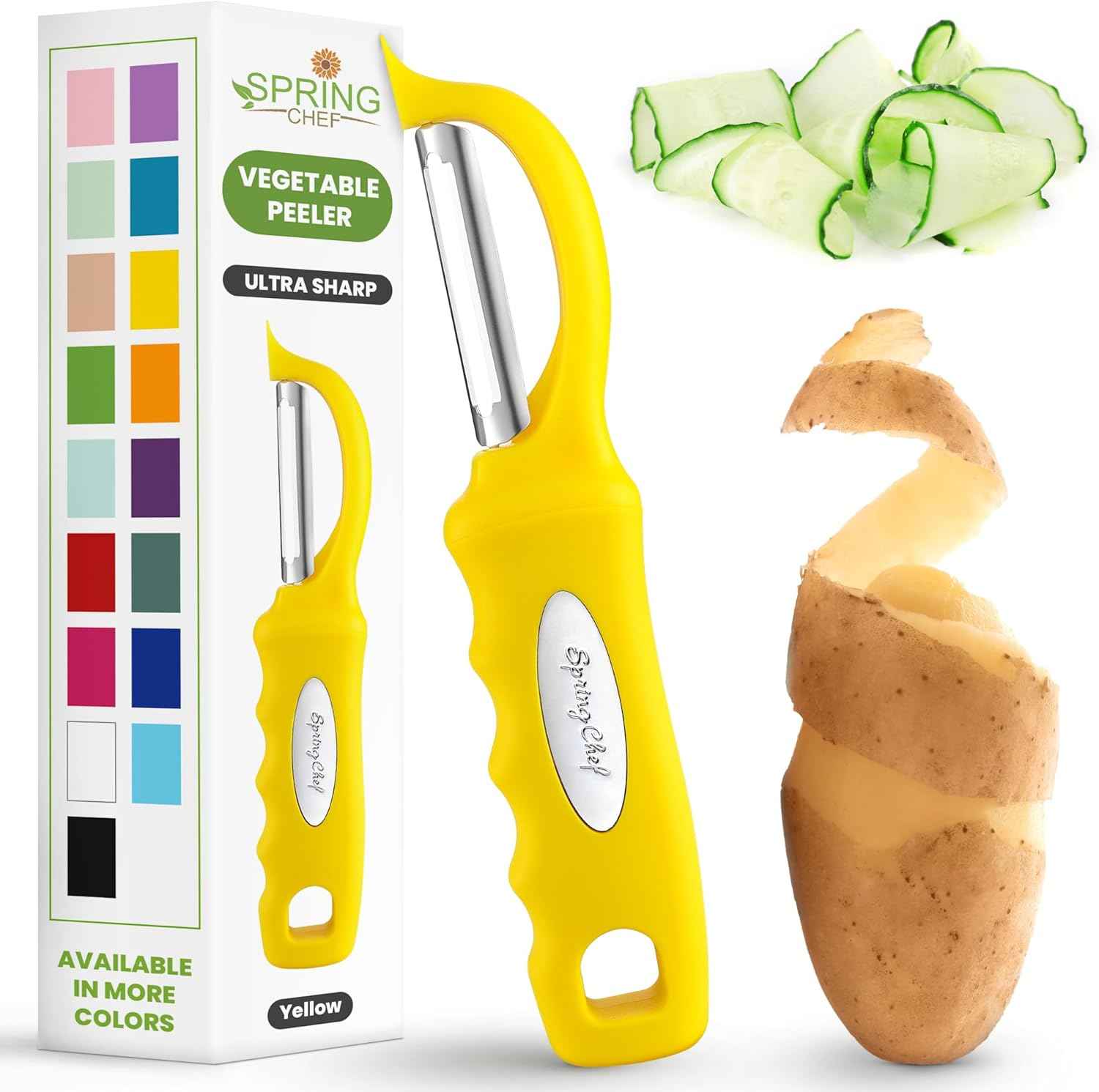 Spring Chef Premium Swivel Vegetable Peeler, Soft Grip Handle and Ultra Sharp Stainless Steel Blades - Perfect Kitchen Peeler For Veggie, Fruit, Potato, Carrot, Apple - Black