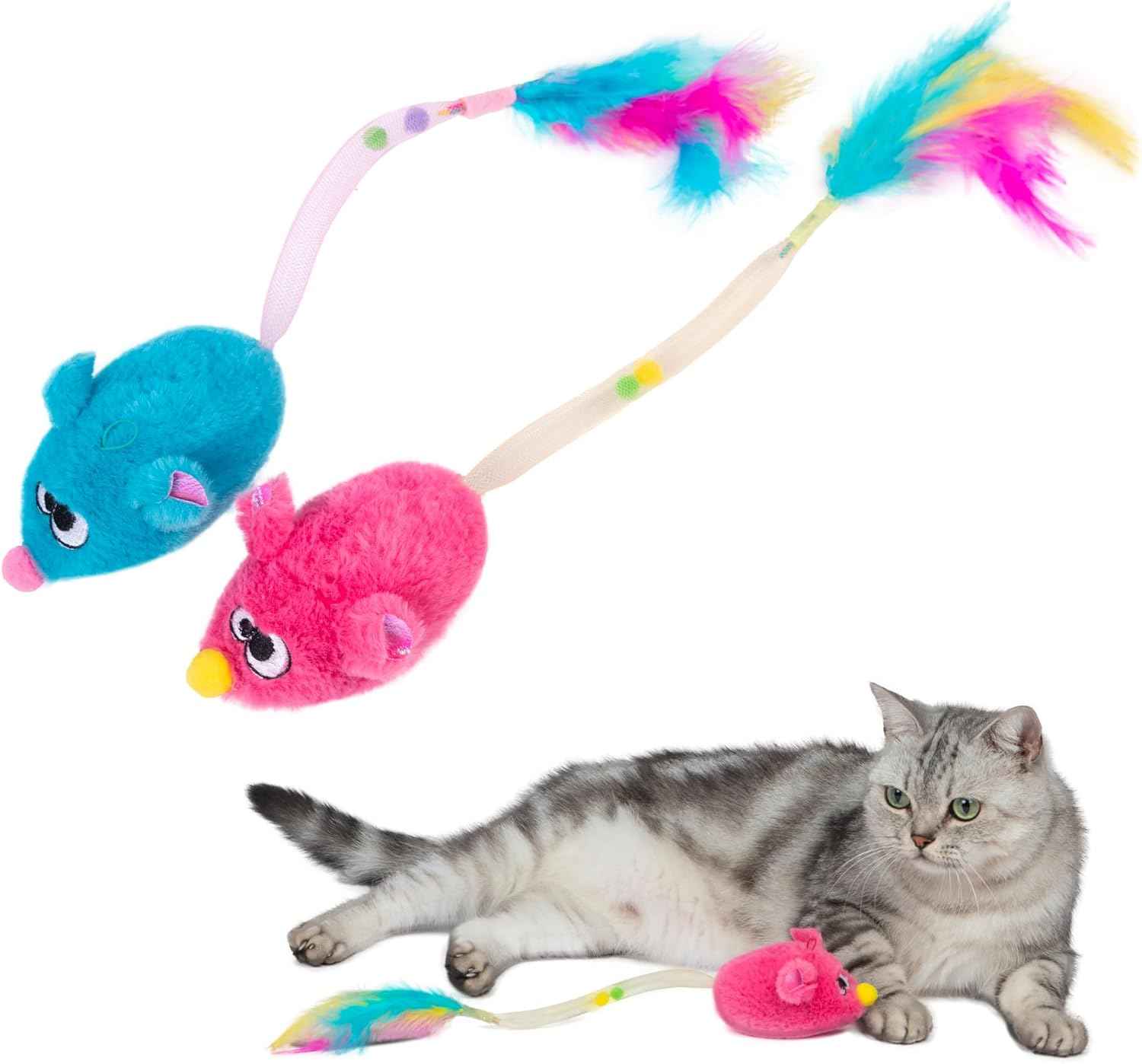 Catify by Best Pet Supplies Interactive Cat Toys – Plush, Motion-Activated & Squeaking Toys with Premium North American Catnip for Indoor Cats & Kittens - Squeaking Mice Set, Beige & Gray