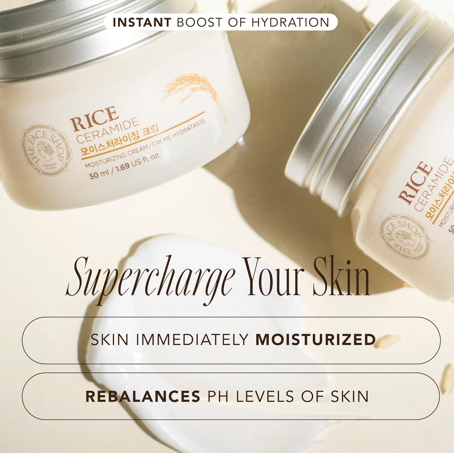 the face shop rice ceramide cream, hydrating face moisturizer for dry and combination skin, 1.69 fl oz